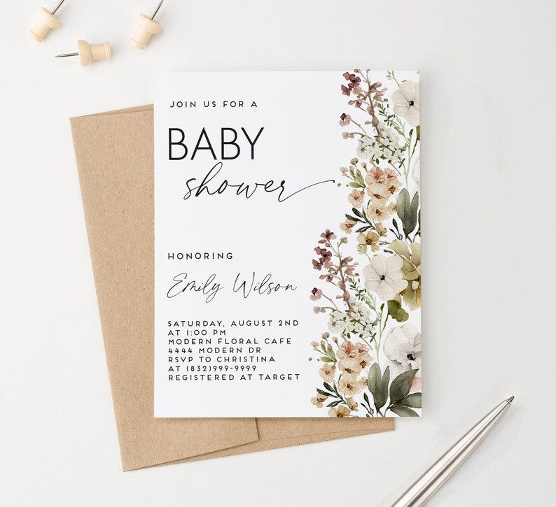 Minimalist Baby Shower Invites With Florals