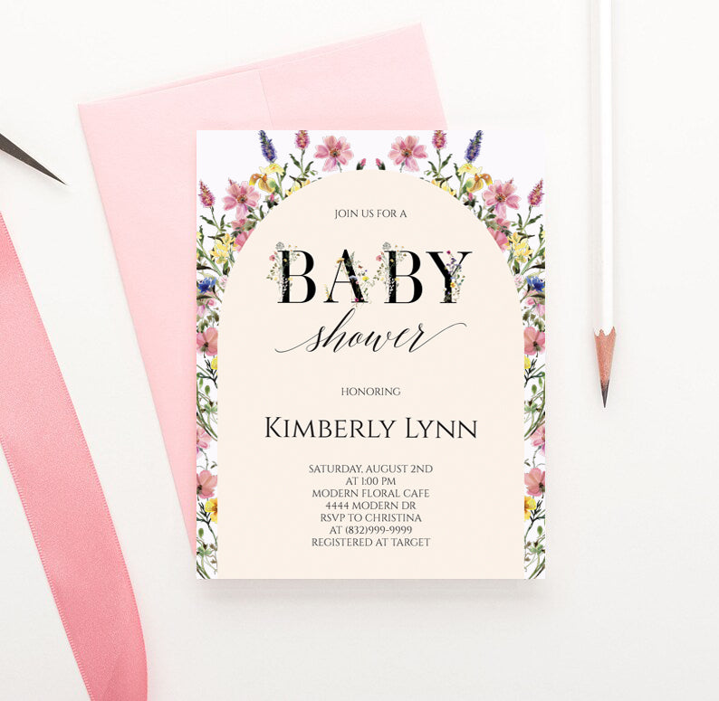 Modern Baby Shower Invites For Girl With Wildflower Arch