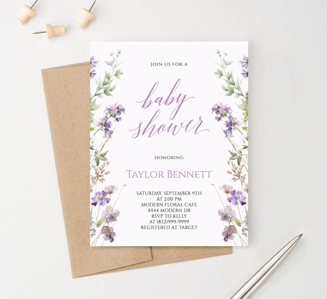 Classic Purple Floral Baby Shower Invitation