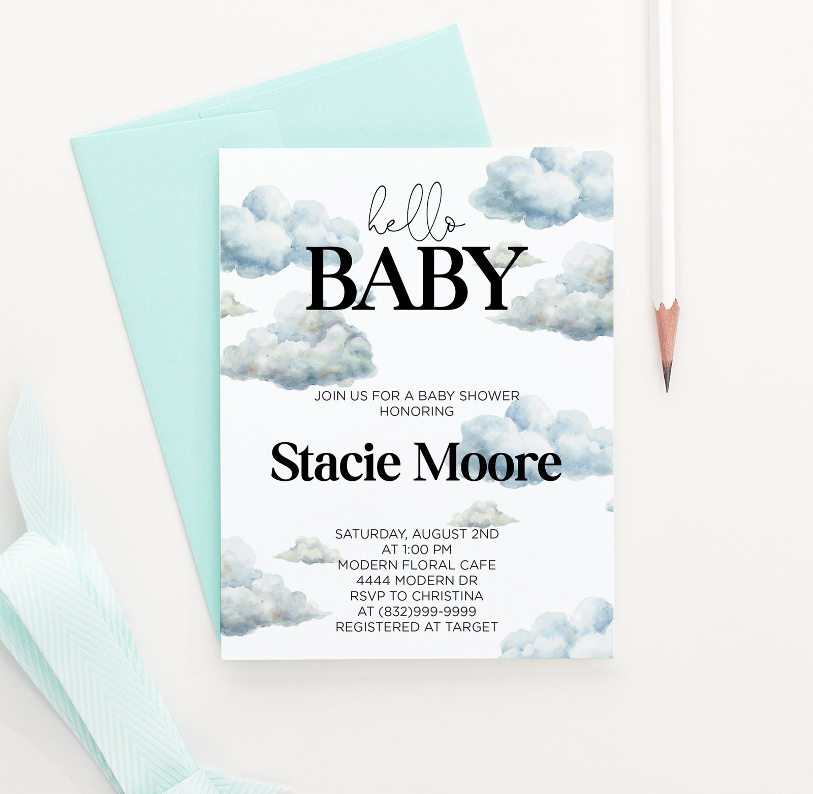 Personalized Hello Baby Shower Invitations With Clouds