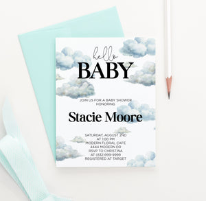 Personalized Hello Baby Shower Invitations With Clouds