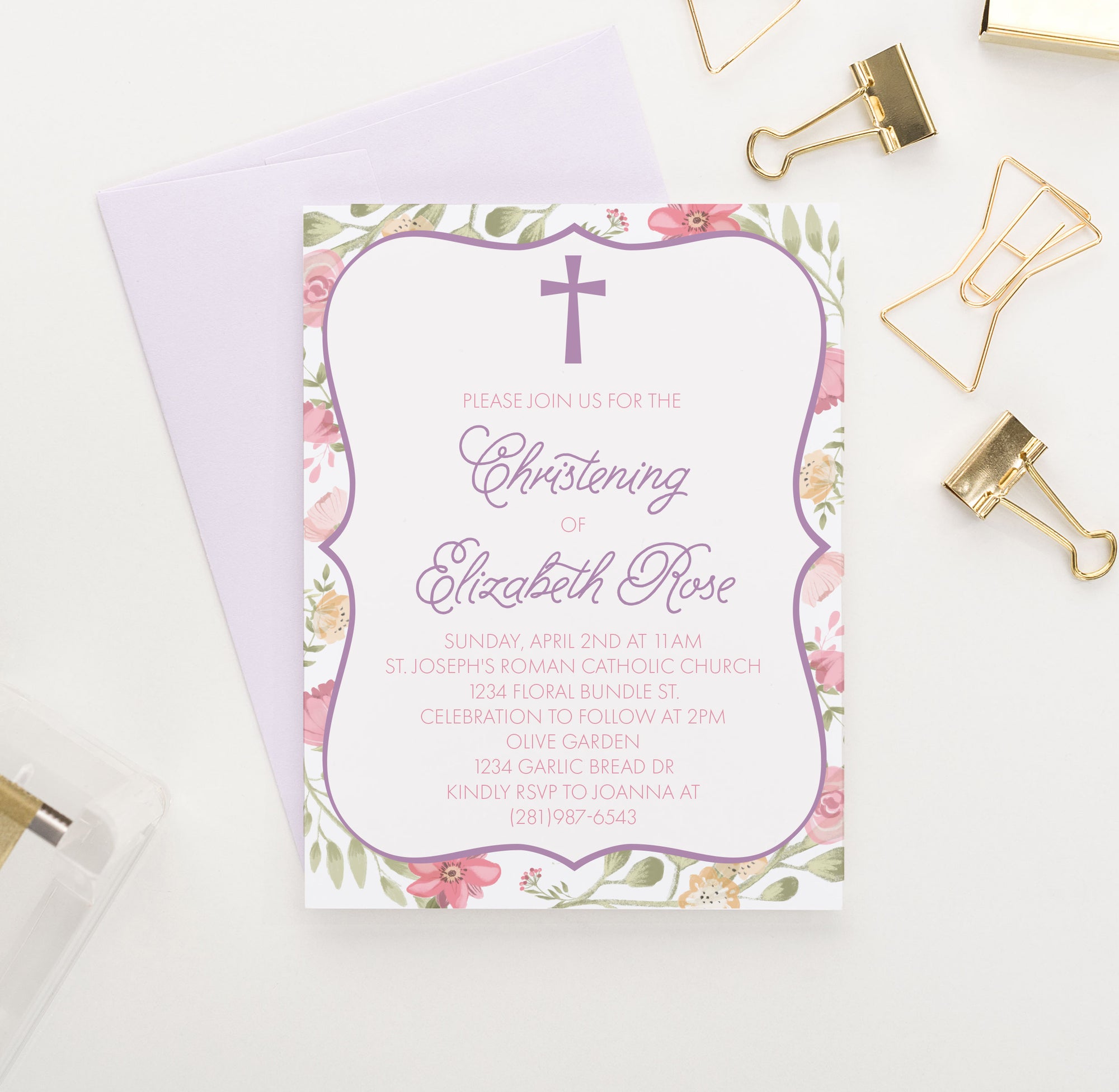 Pink Floral Christening Invitations Personalized