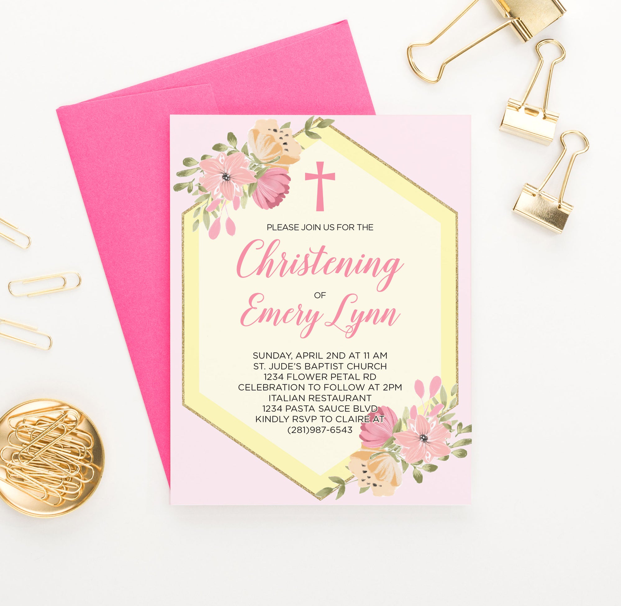 Personalized Pink And Yellow Christening Invitations With Florals