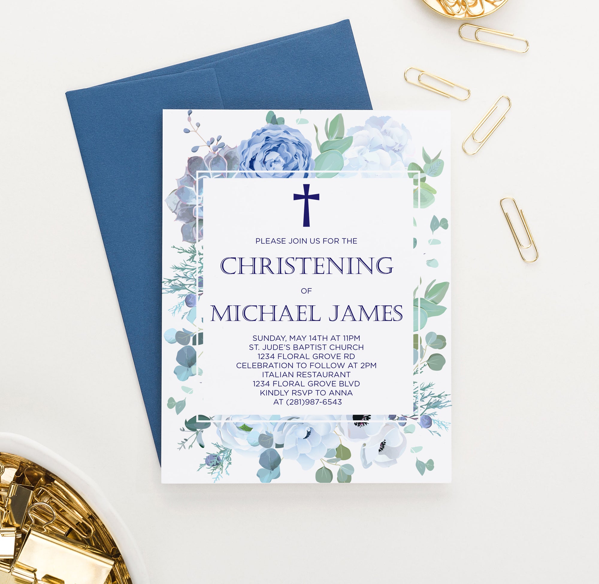 Elegant Blue Floral Christening Invitations With Frame Personalized