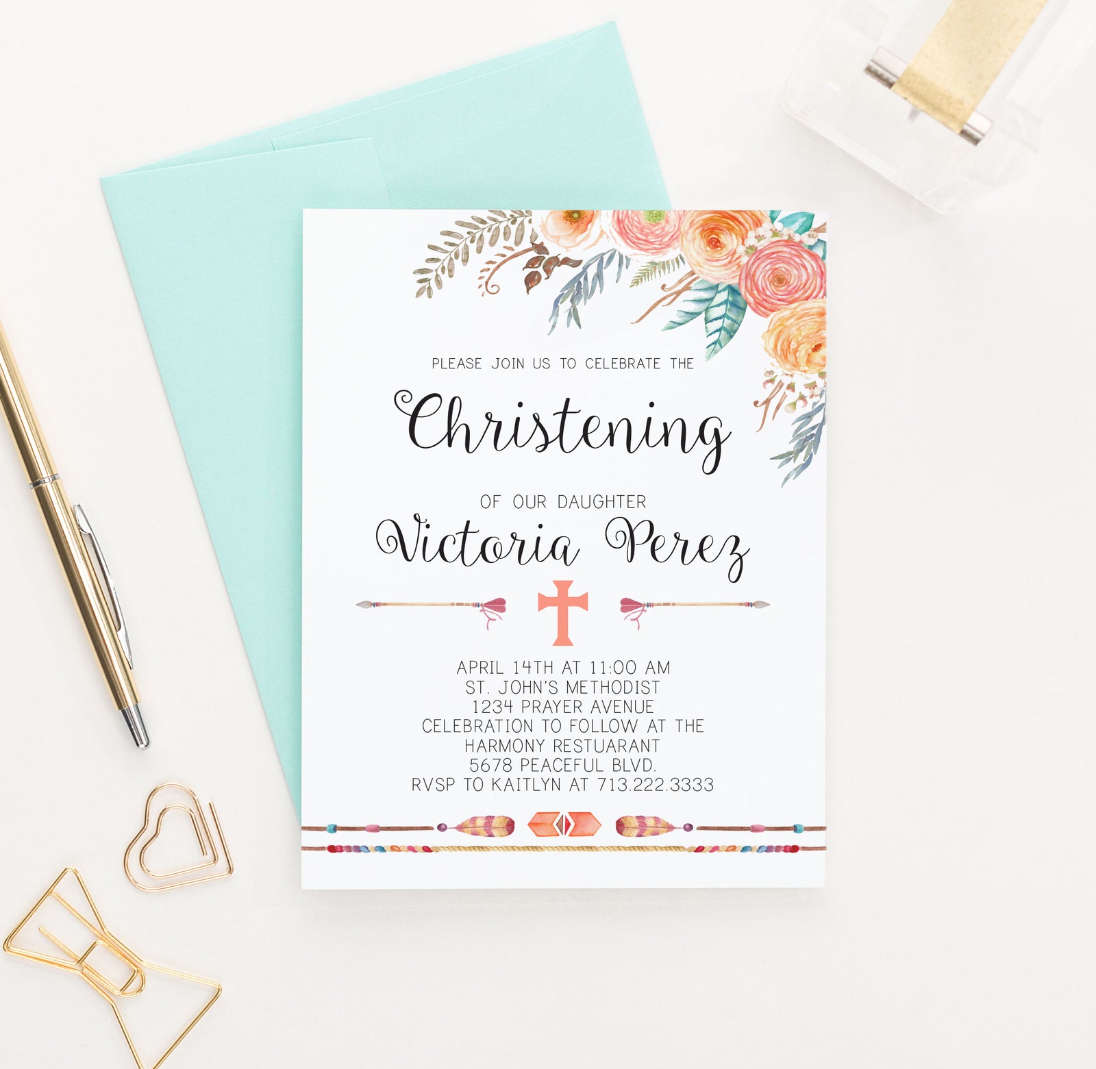 Personalized Orange Floral Boho Christening Invitations With Arrows
