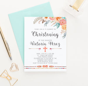 Personalized Orange Floral Boho Christening Invitations With Arrows