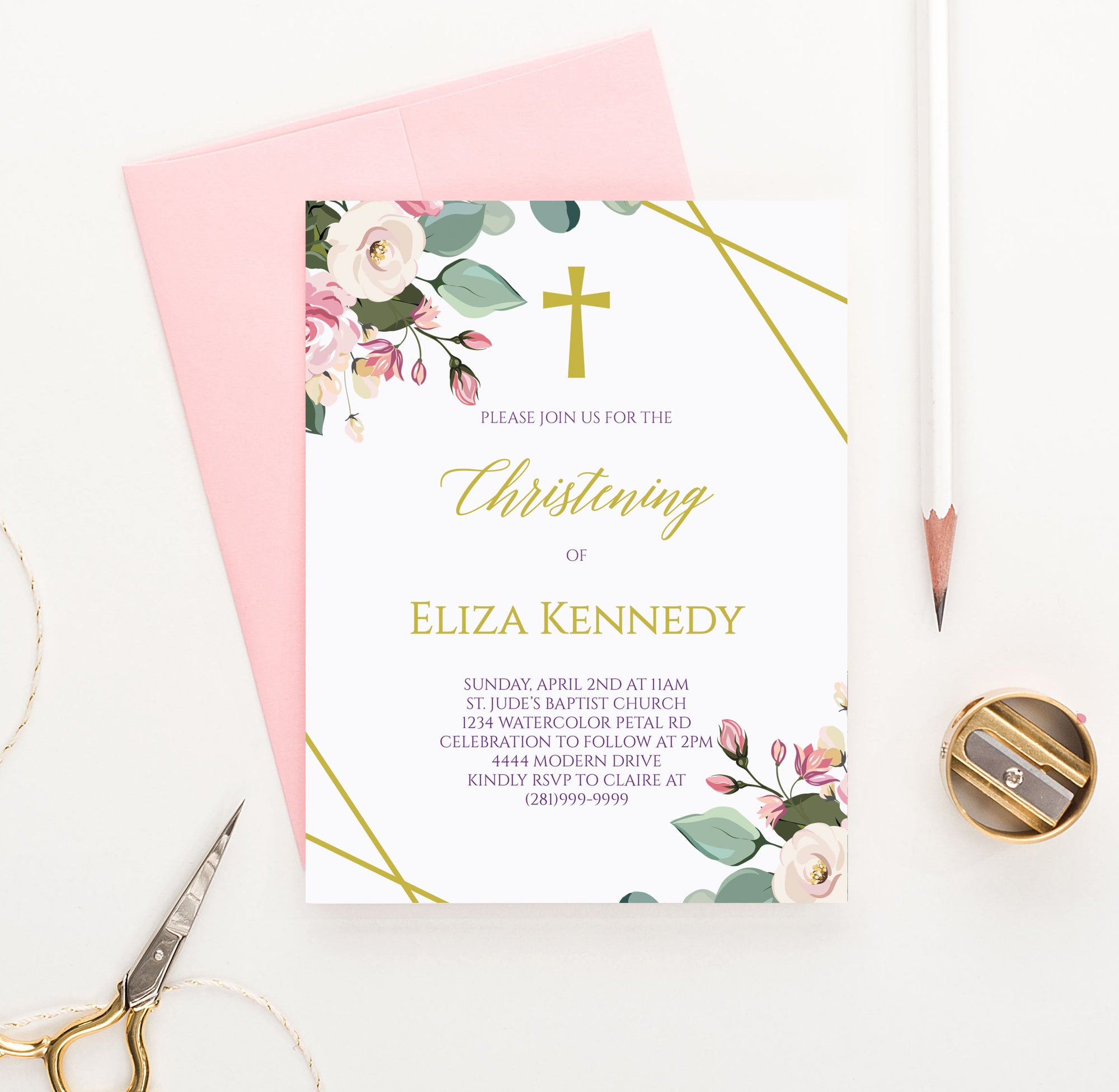 Personalized Gold Christening Invitations With Floral Corners