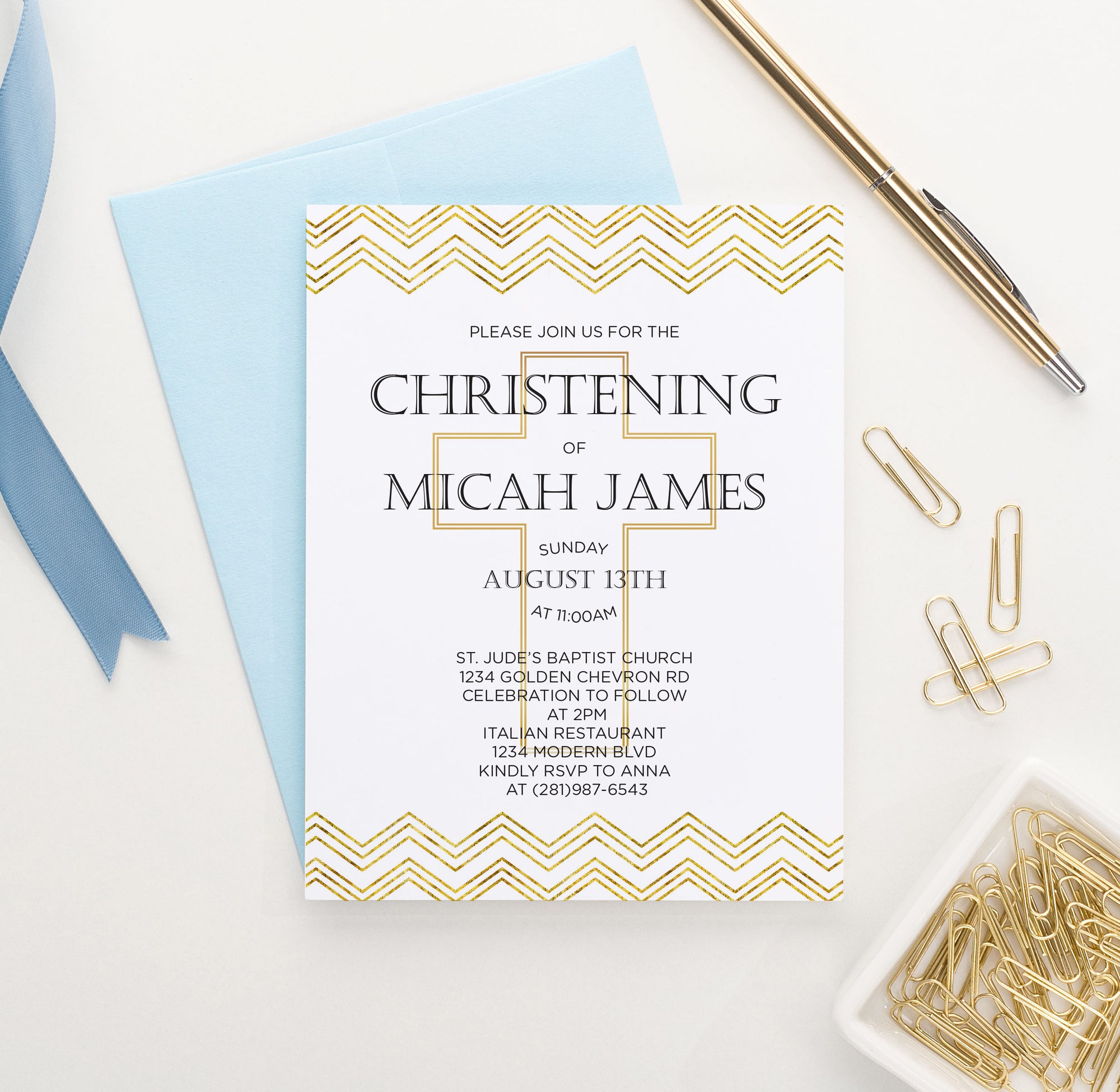 Gold Chevron Christening Invitations With Cross Personalized 