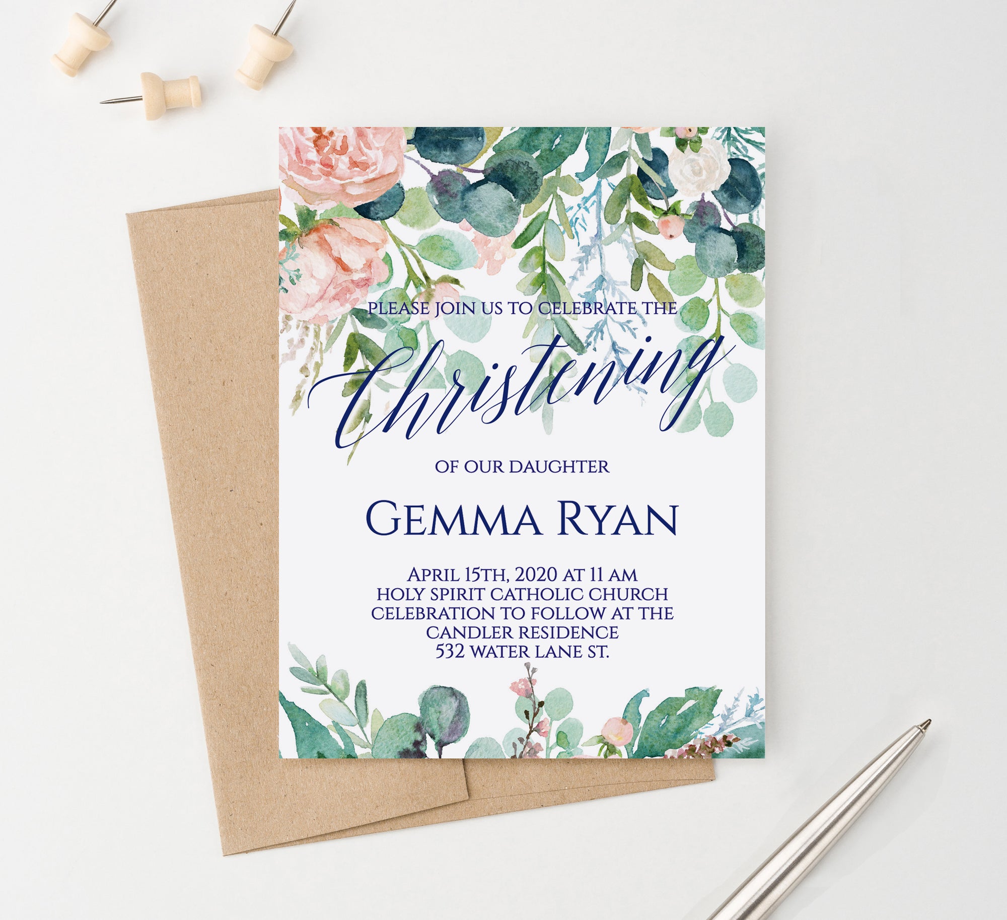 Elegant Floral Greenery Christening Invitations Personalized