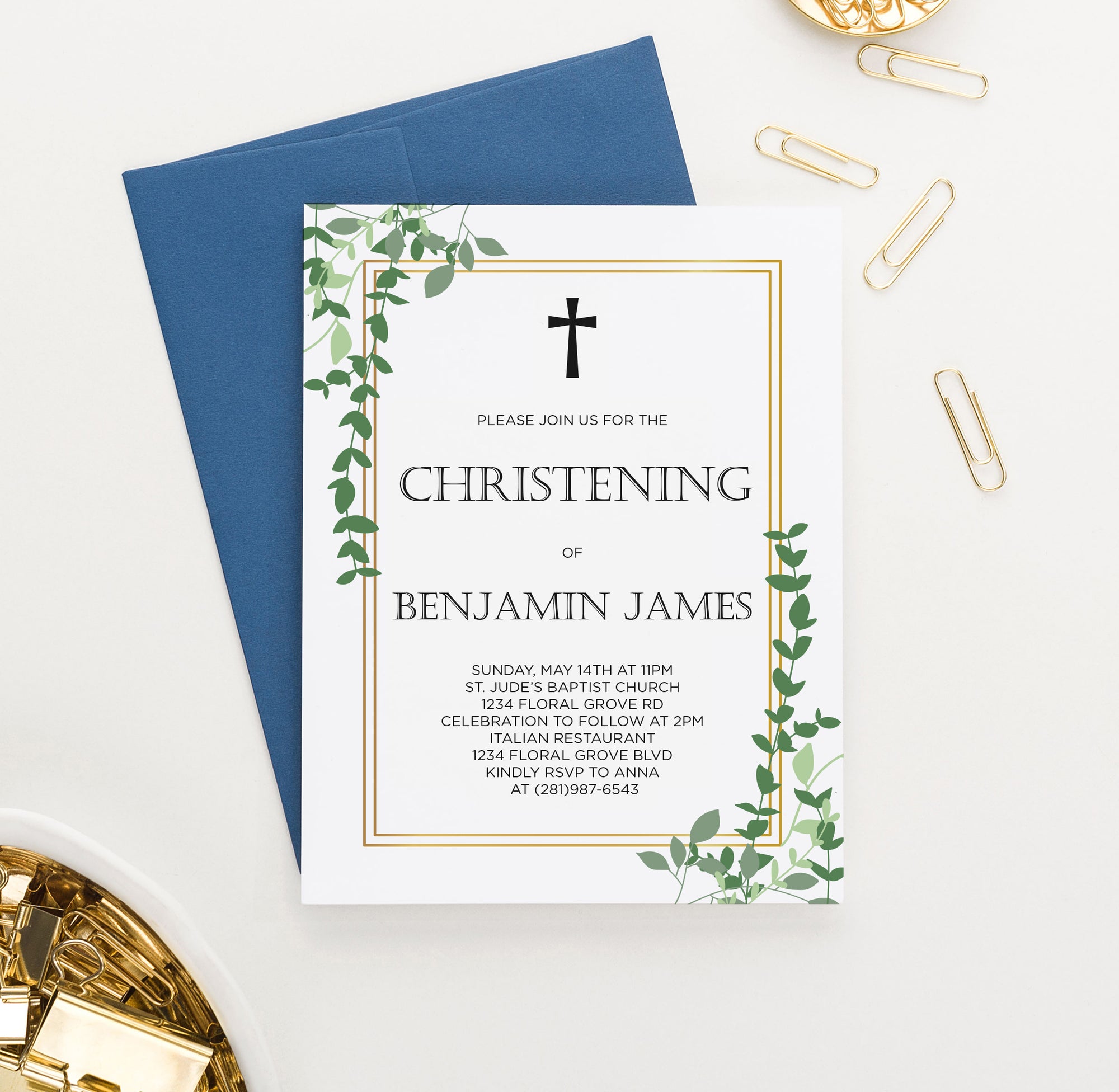 Personalized Greenery Christening Invitations With Gold Frame