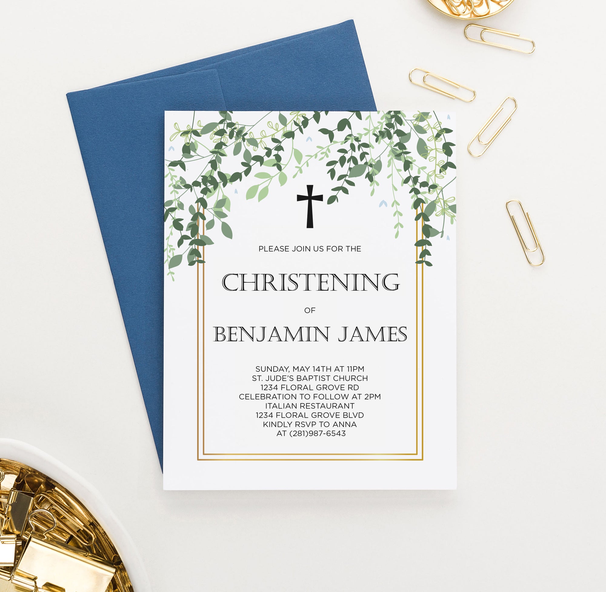 Gold Frame With Greenery Christening Invitations Personalized