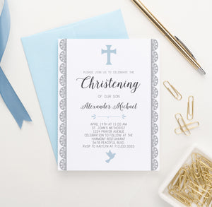 Personalized Blue Christening Invitations With Lace