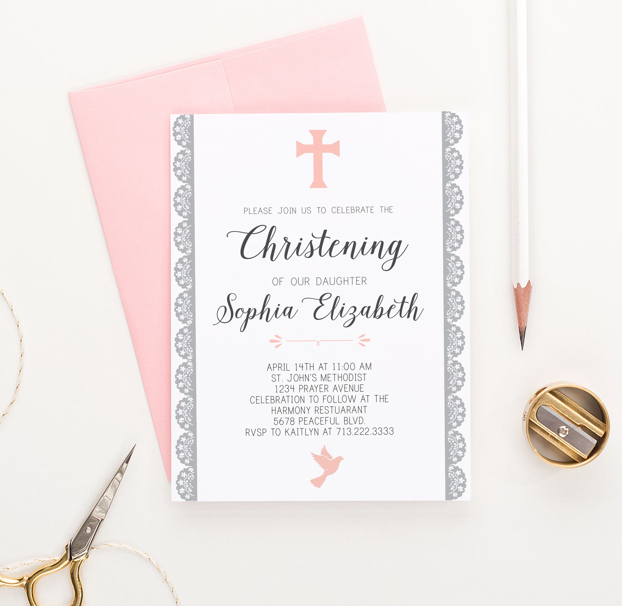 Personalized Pink Christening Invitations With Lace