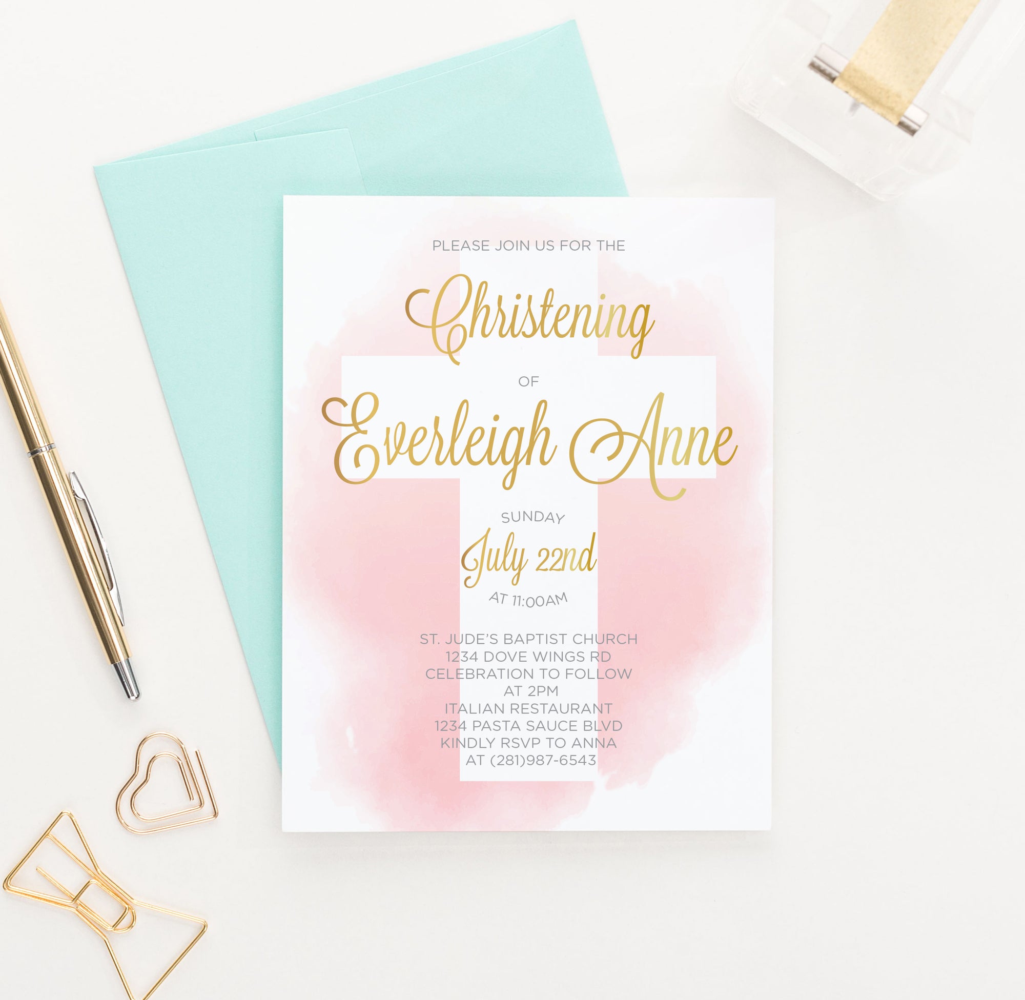 Pink Watercolor Christening Invitations With White Cross Personalized