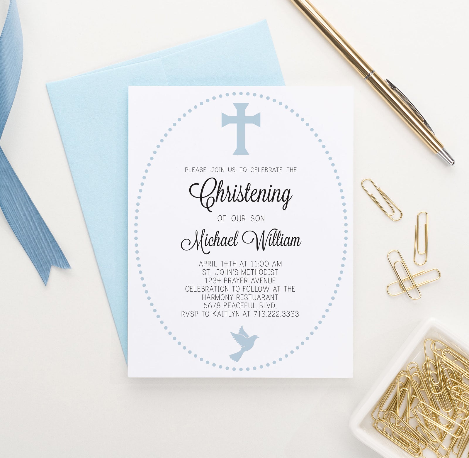 Personalized Blue Christening Invitations With Polkadot Frame
