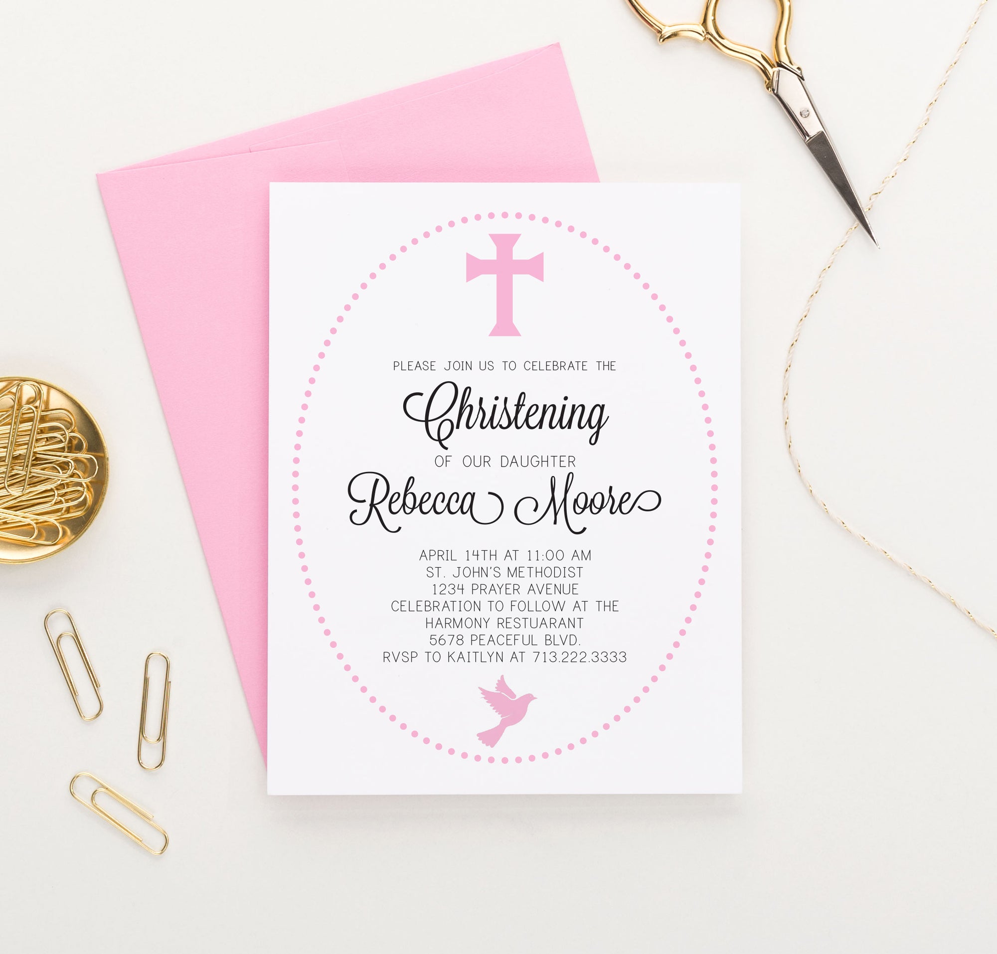 Personalized Pink Christening Invitations With Polkadot Frame