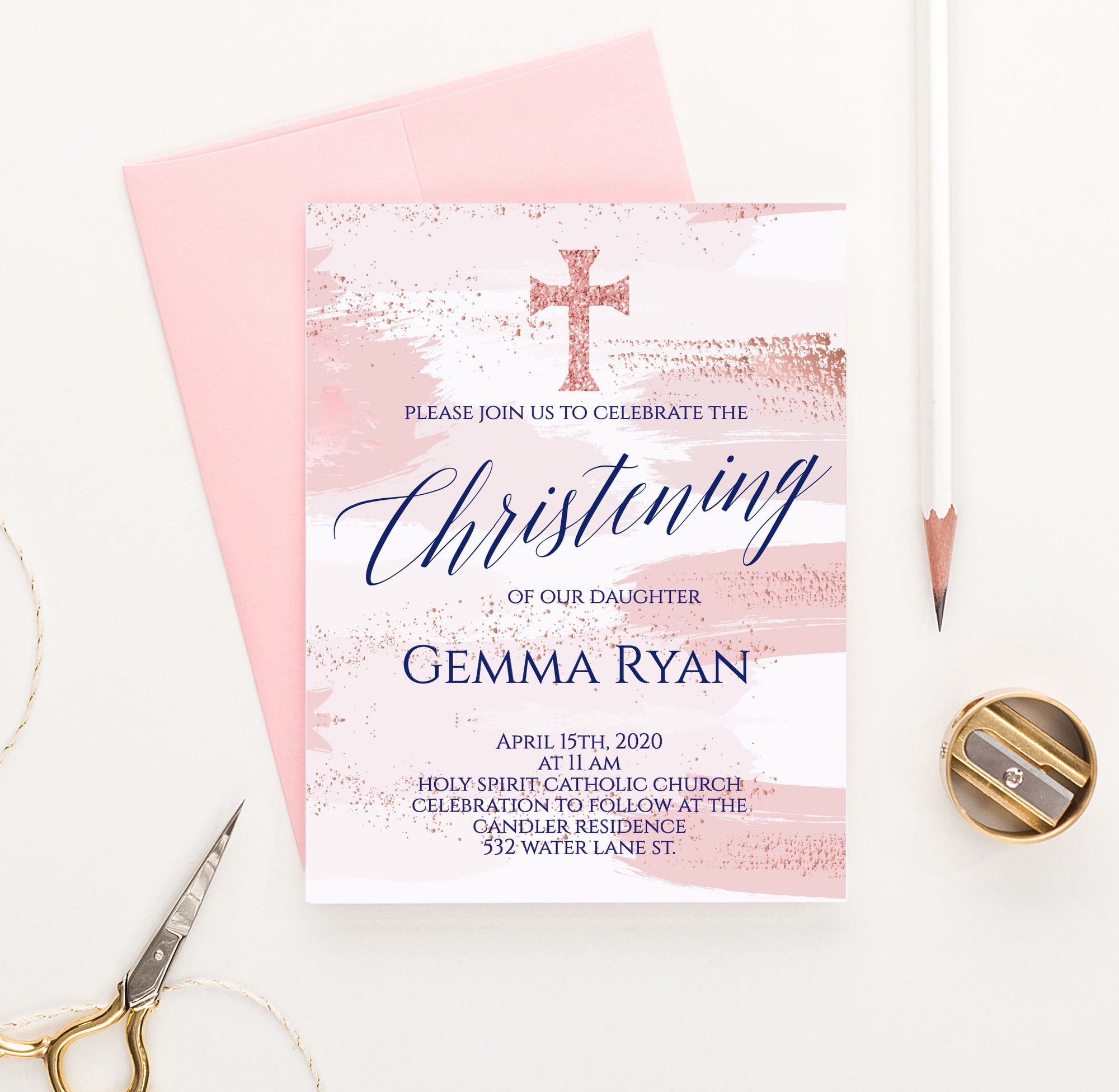Watercolor Pink And Rose Gold Christening Invitations Personalized