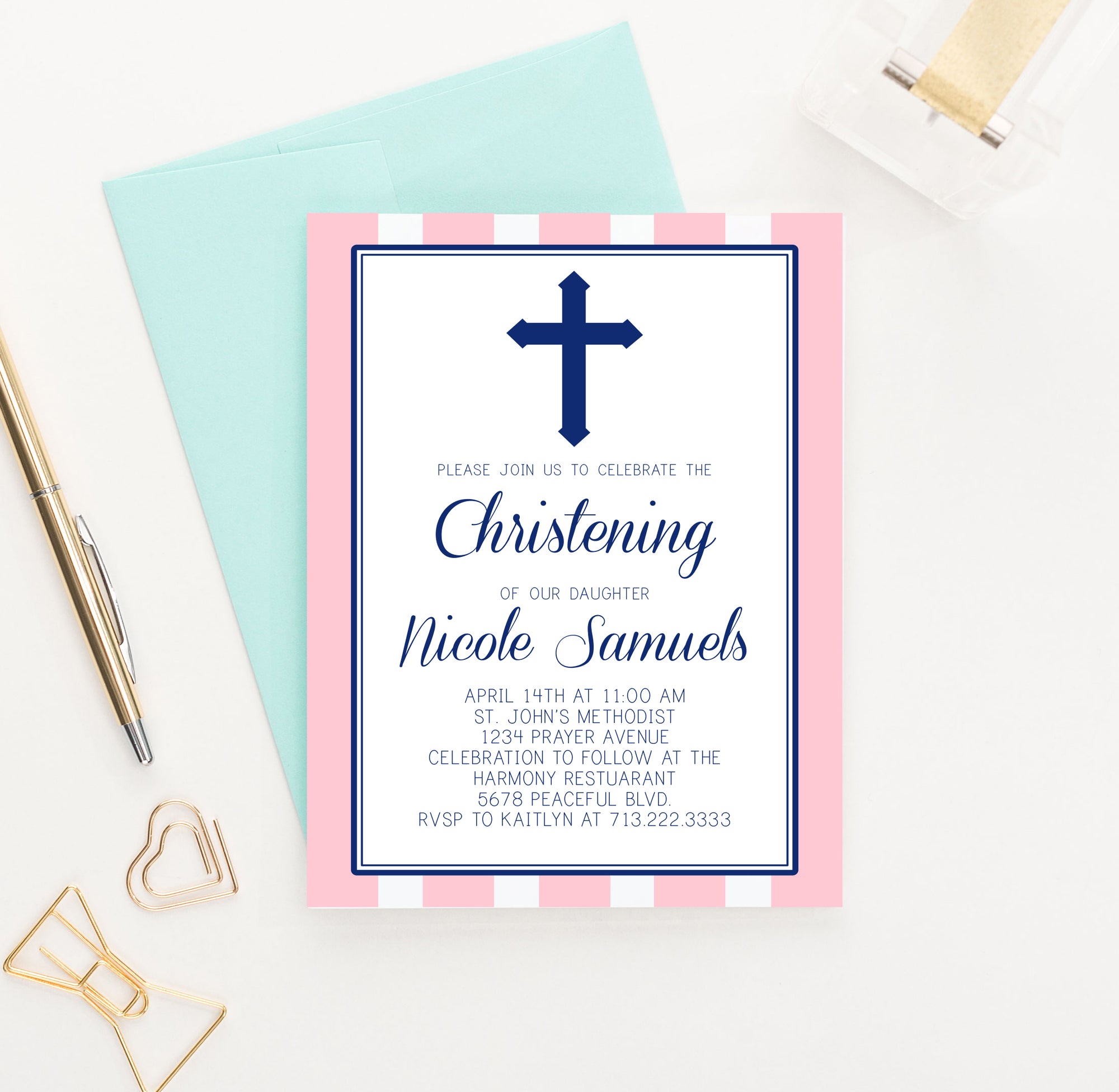 Pink Christening Invitations With Vertical Stripes Personalized 