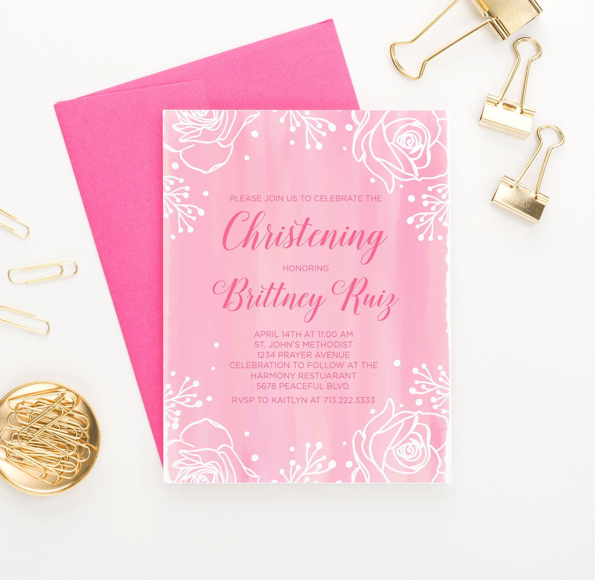 Pink Watercolor Christening Invitations With Floral Frame Personalized