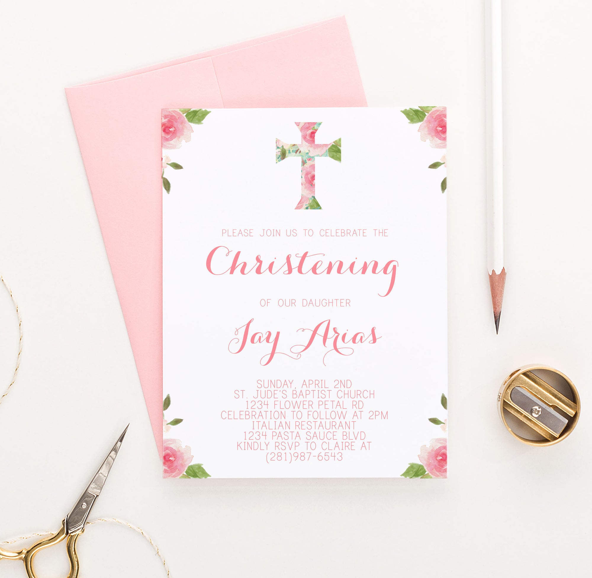 Watercolor Pink And Green Floral Christening Invitations Personalized