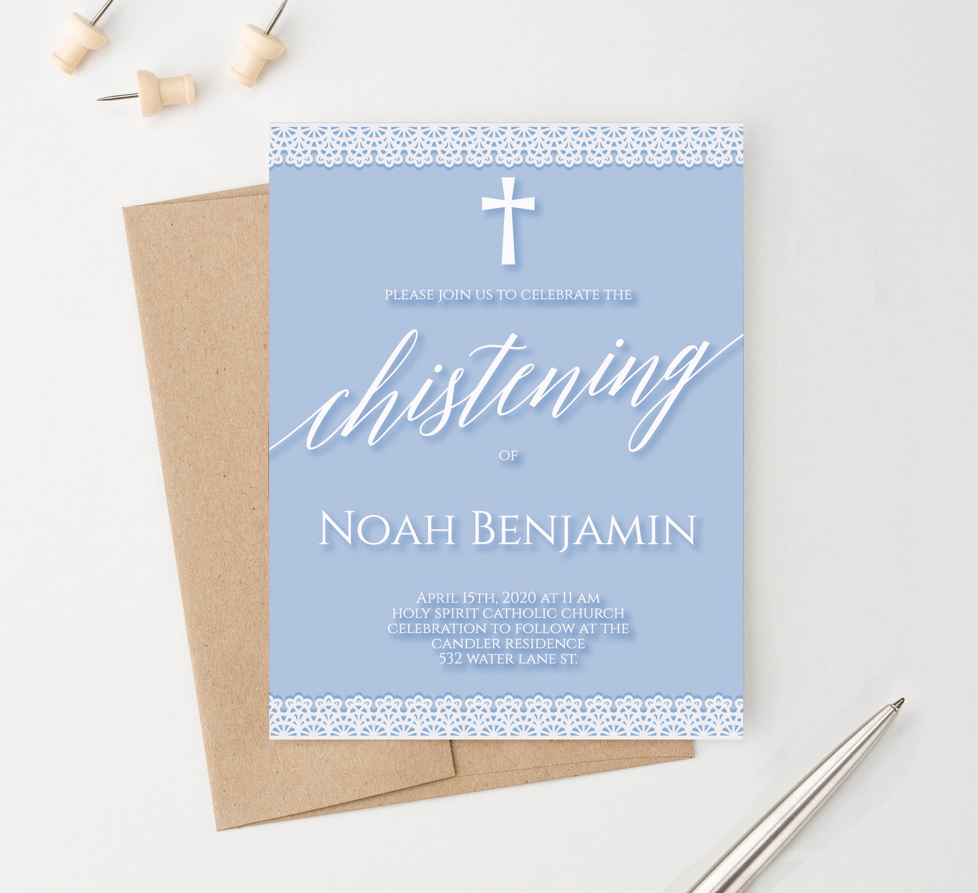 Personalized Boy Christening Invitations Blue With White Lace