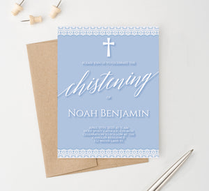 Personalized Boy Christening Invitations Blue With White Lace