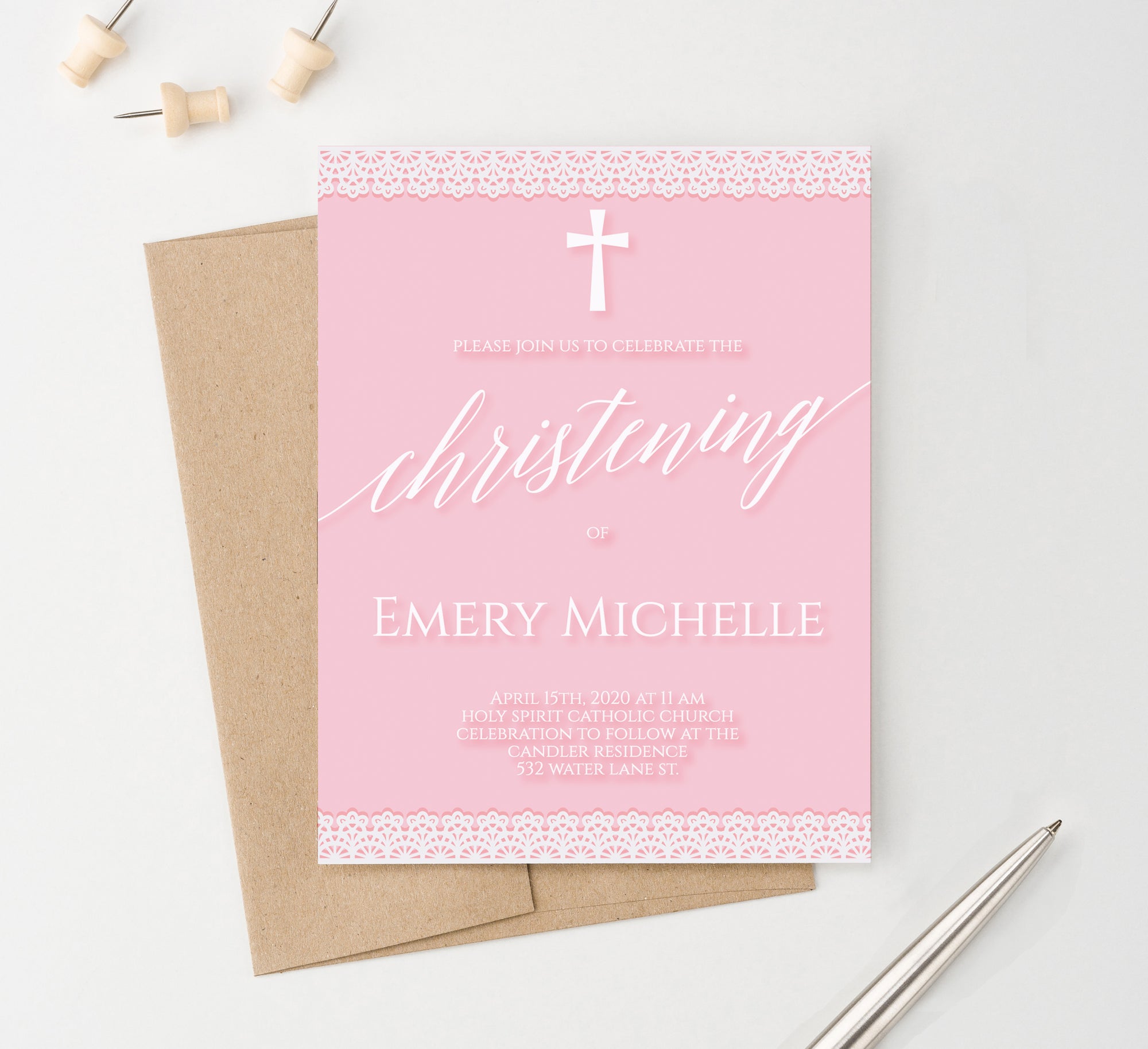 Personalized Girl Christening Invitations Pink With White Lace