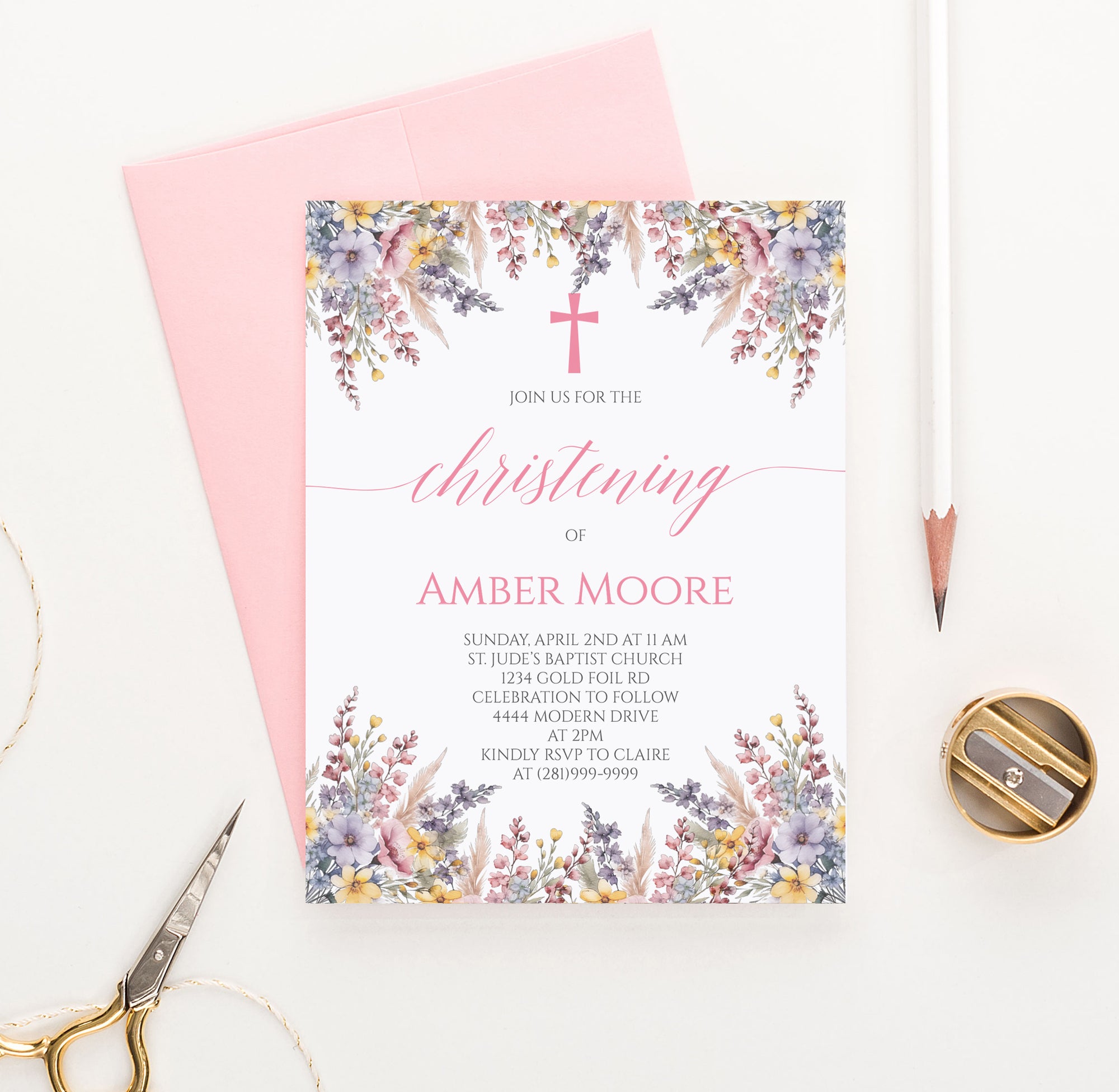 Unique Invitation For Christening With Florals