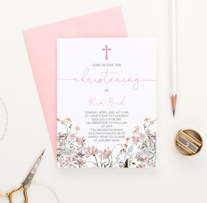 Christening Invitation Pink Wildflowers