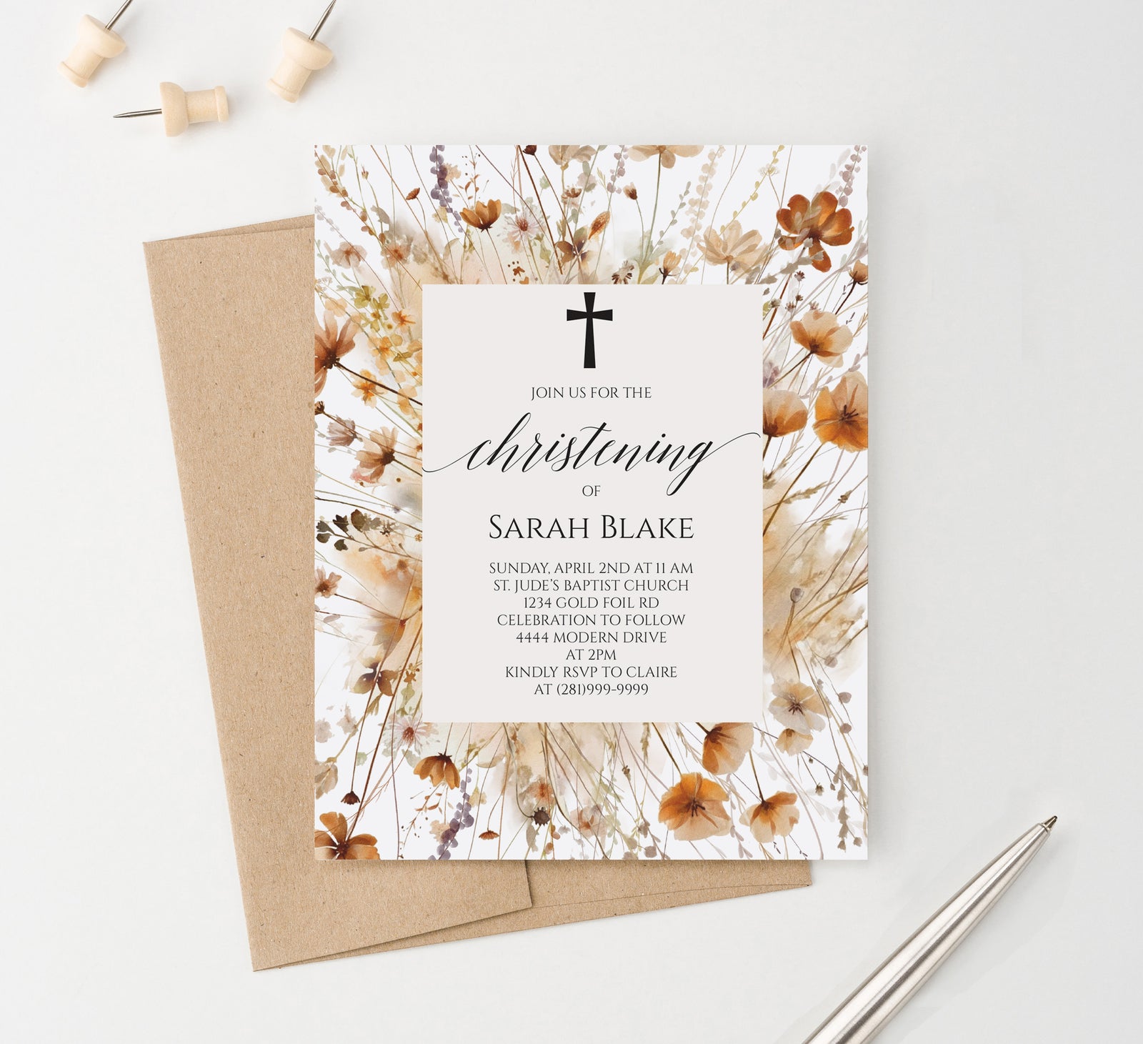 Boho Christening Invitations With Fall Wildflowers