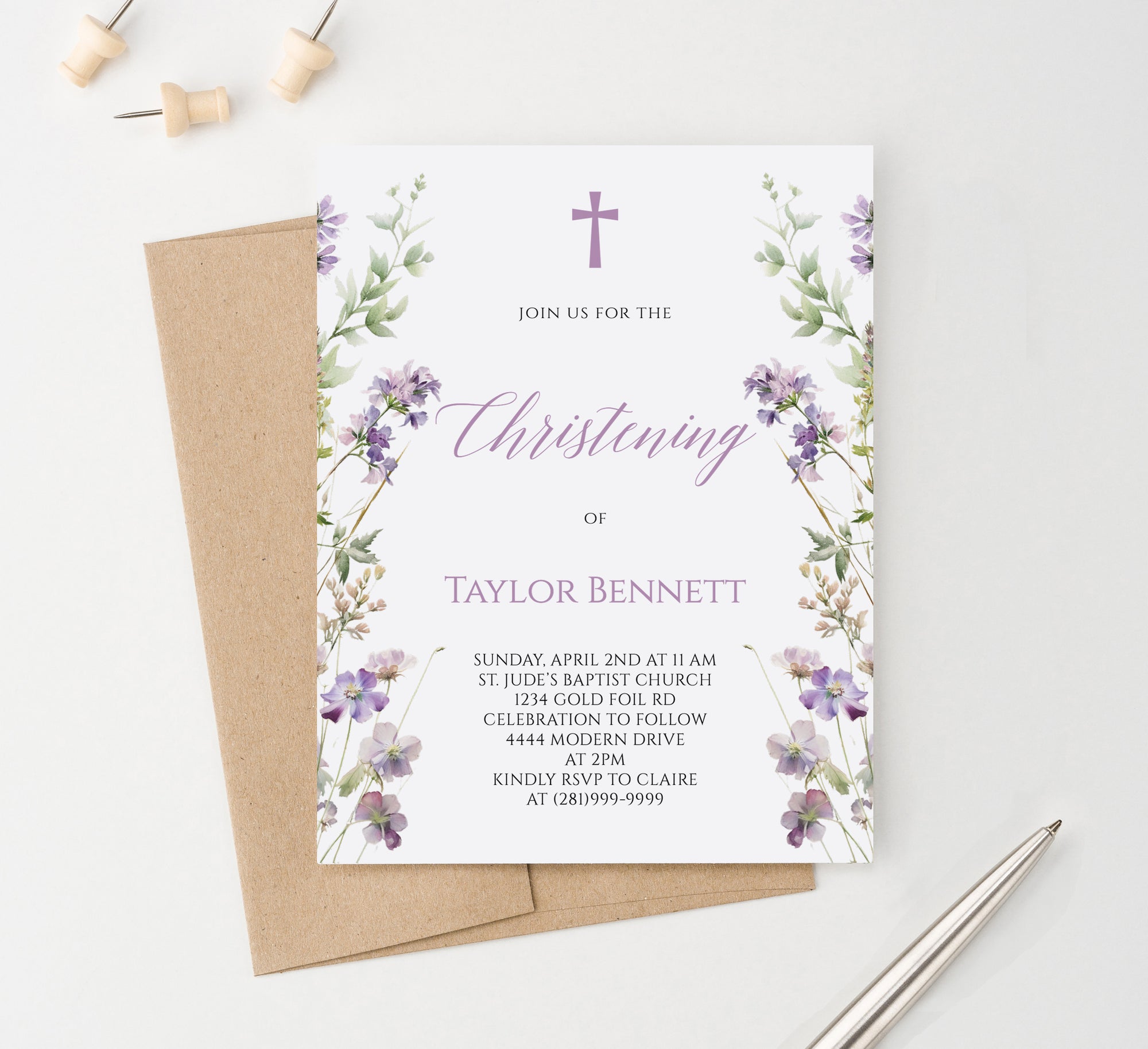 Classic Purple Floral Christening Invitation