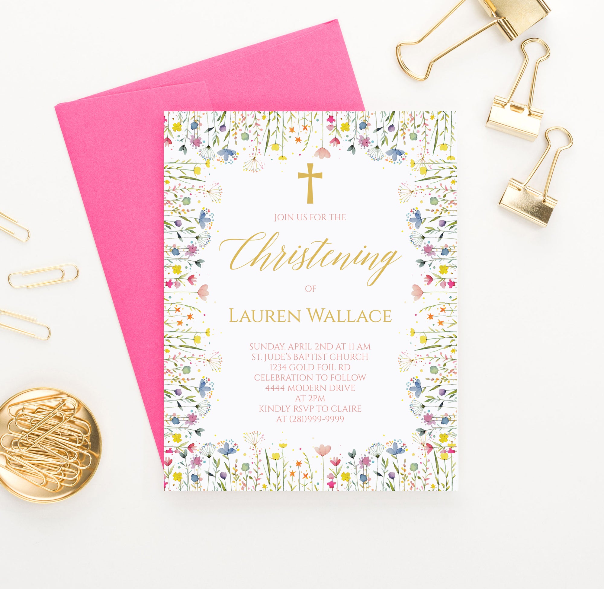 Colorful Christening Party Invitations With Watercolor Wildflowers