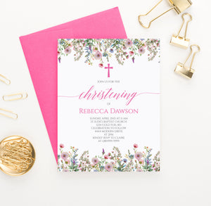 Classy Pink Floral Christening Invitation