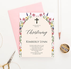 Modern Christening Party Invitations With Wildflower Arch