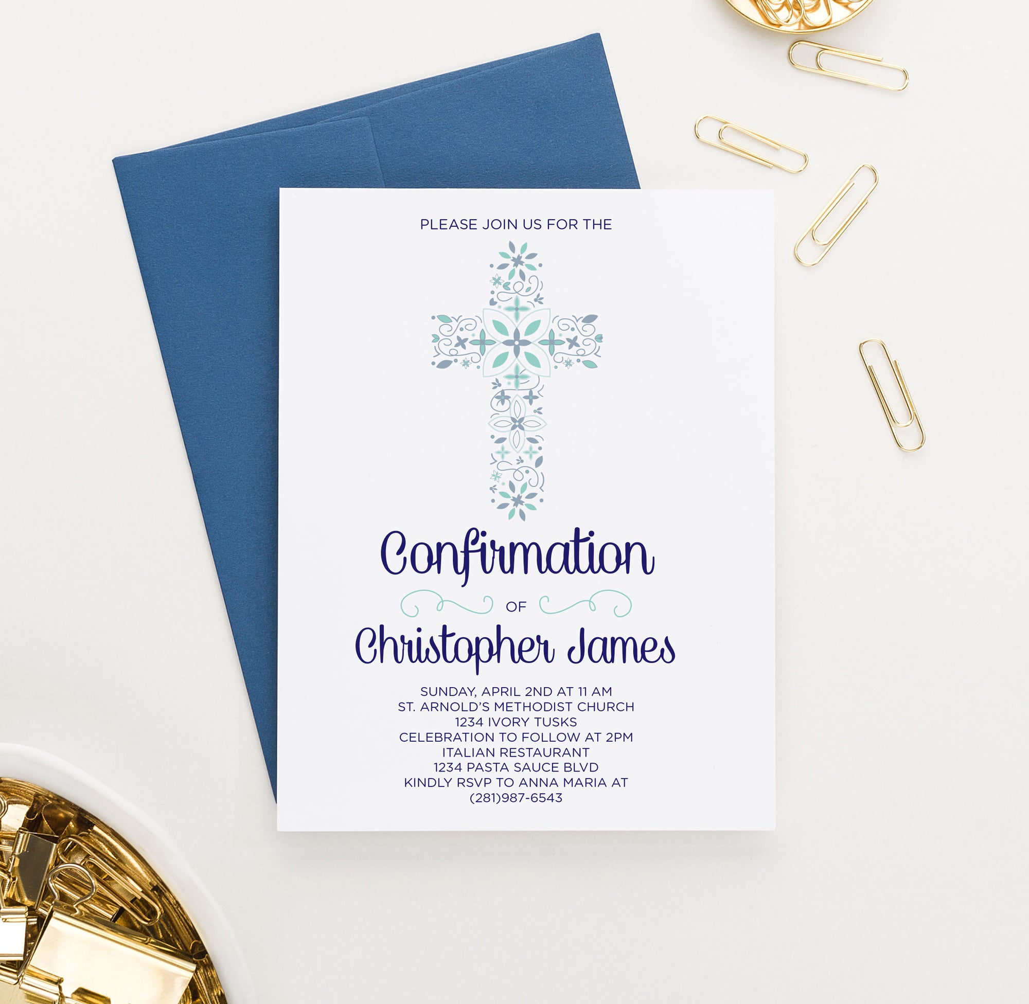 Personalized Blue Confirmation Invitation Cards With Cross