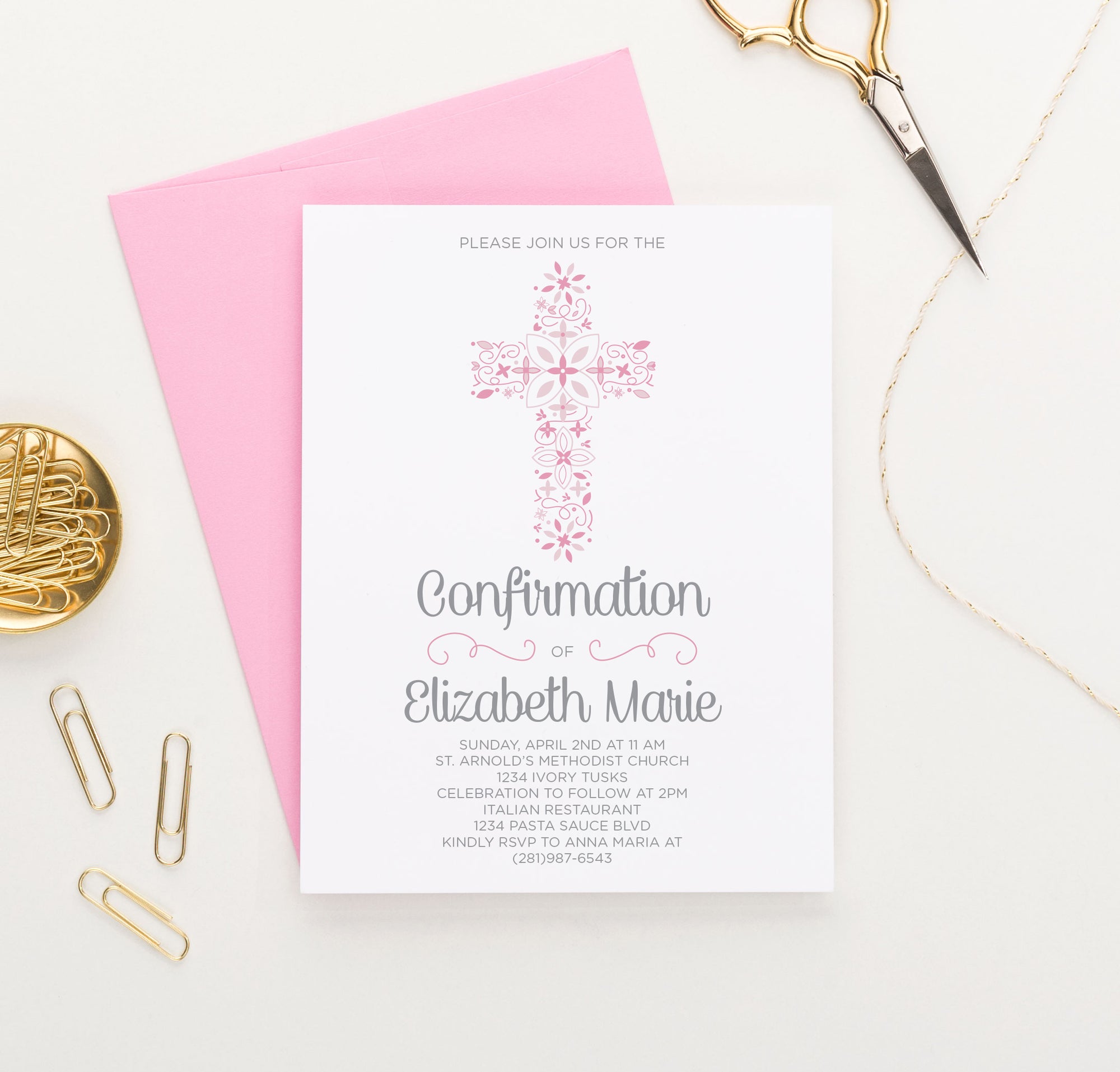 Personalized Pink Confirmation Invitation Cards With Cross