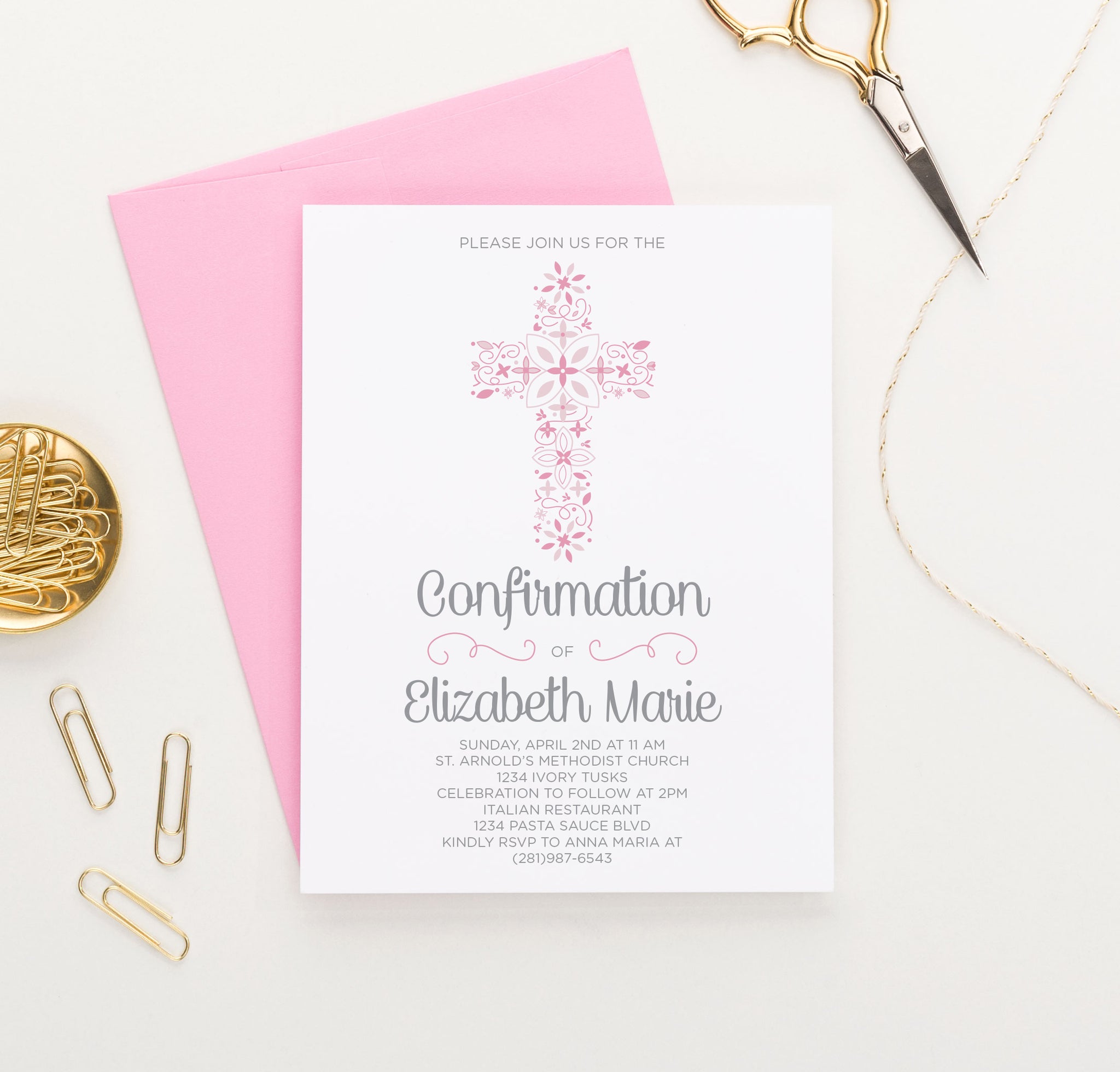 Personalized Pink Confirmation Invitation Cards With Cross - Modern ...
