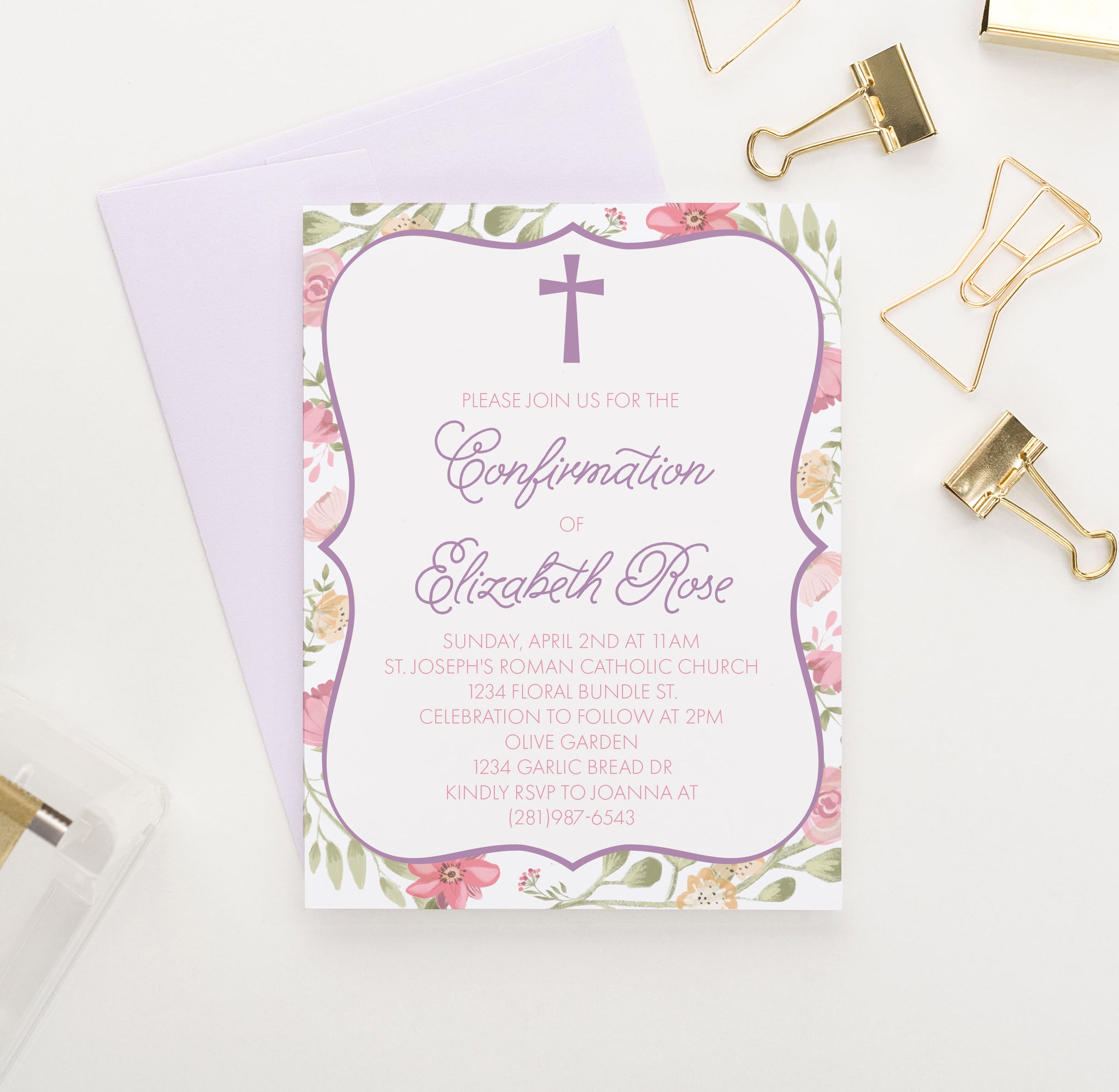 Pink Floral Confirmation Card Personalized Invitations - Modern Pink Paper