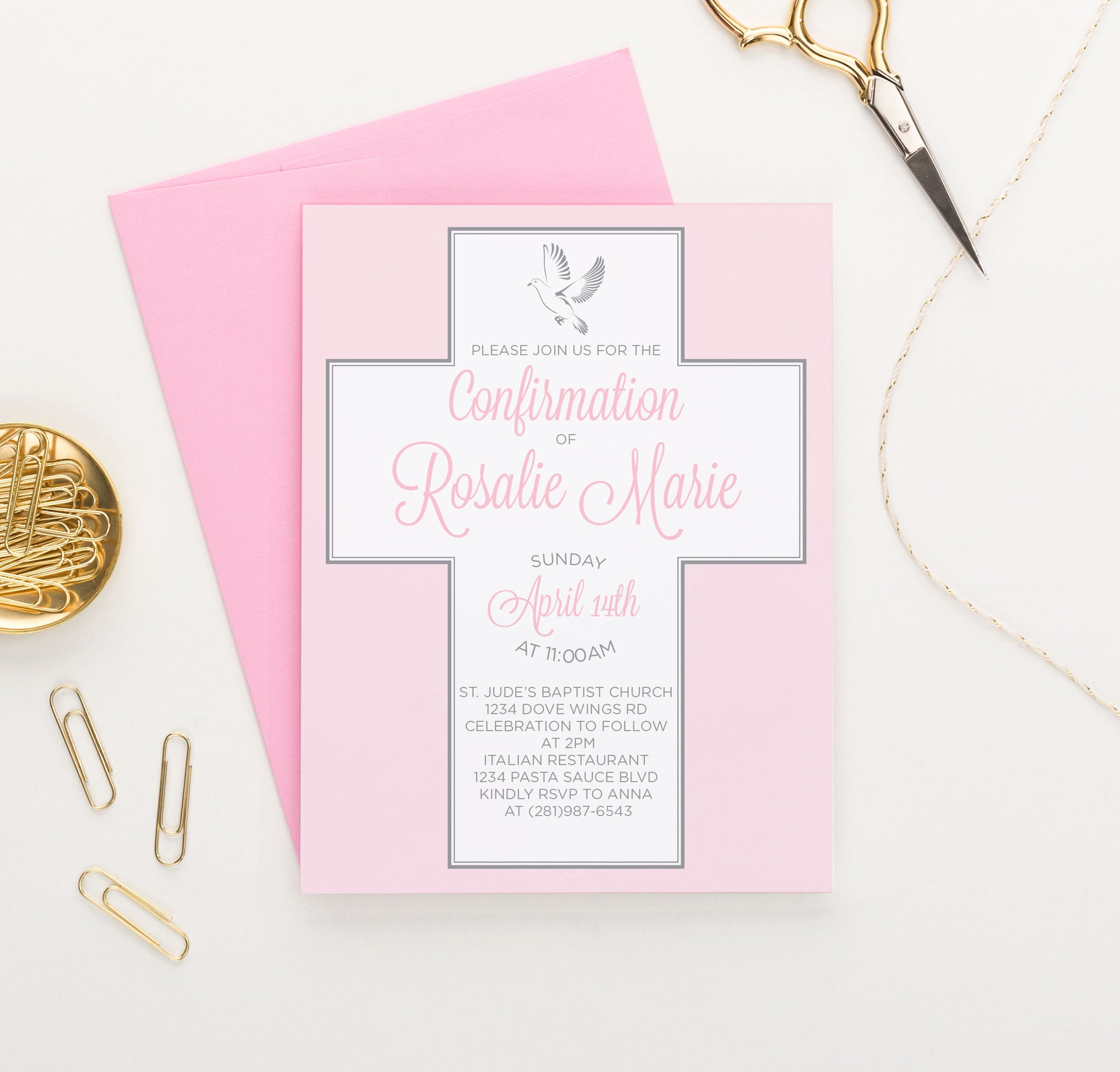 Pink And Grey Personalized Confirmation Invitation Cards With Cross