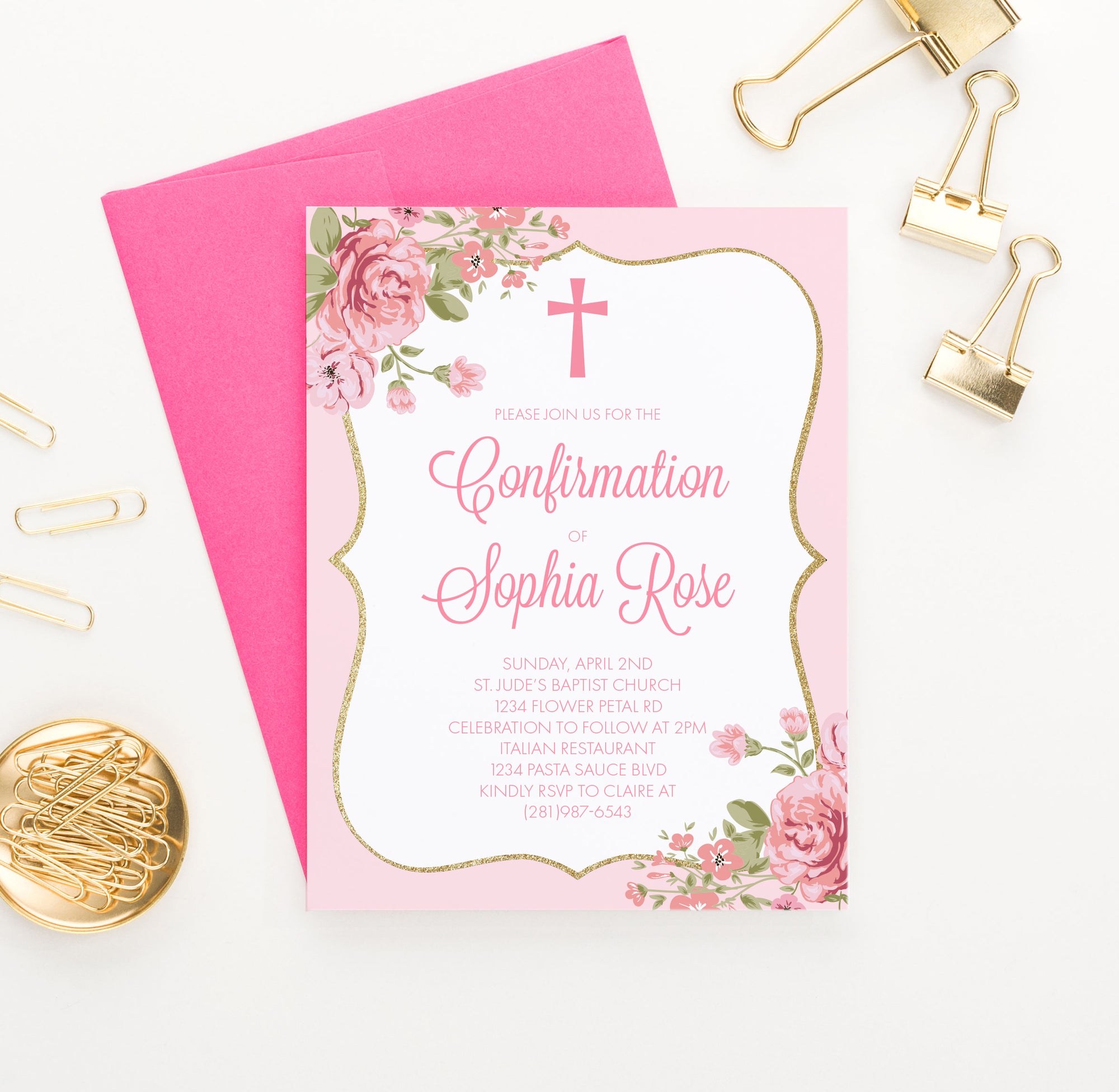 Personalized Pink Floral Confirmation Invitation Cards With Gold Frame