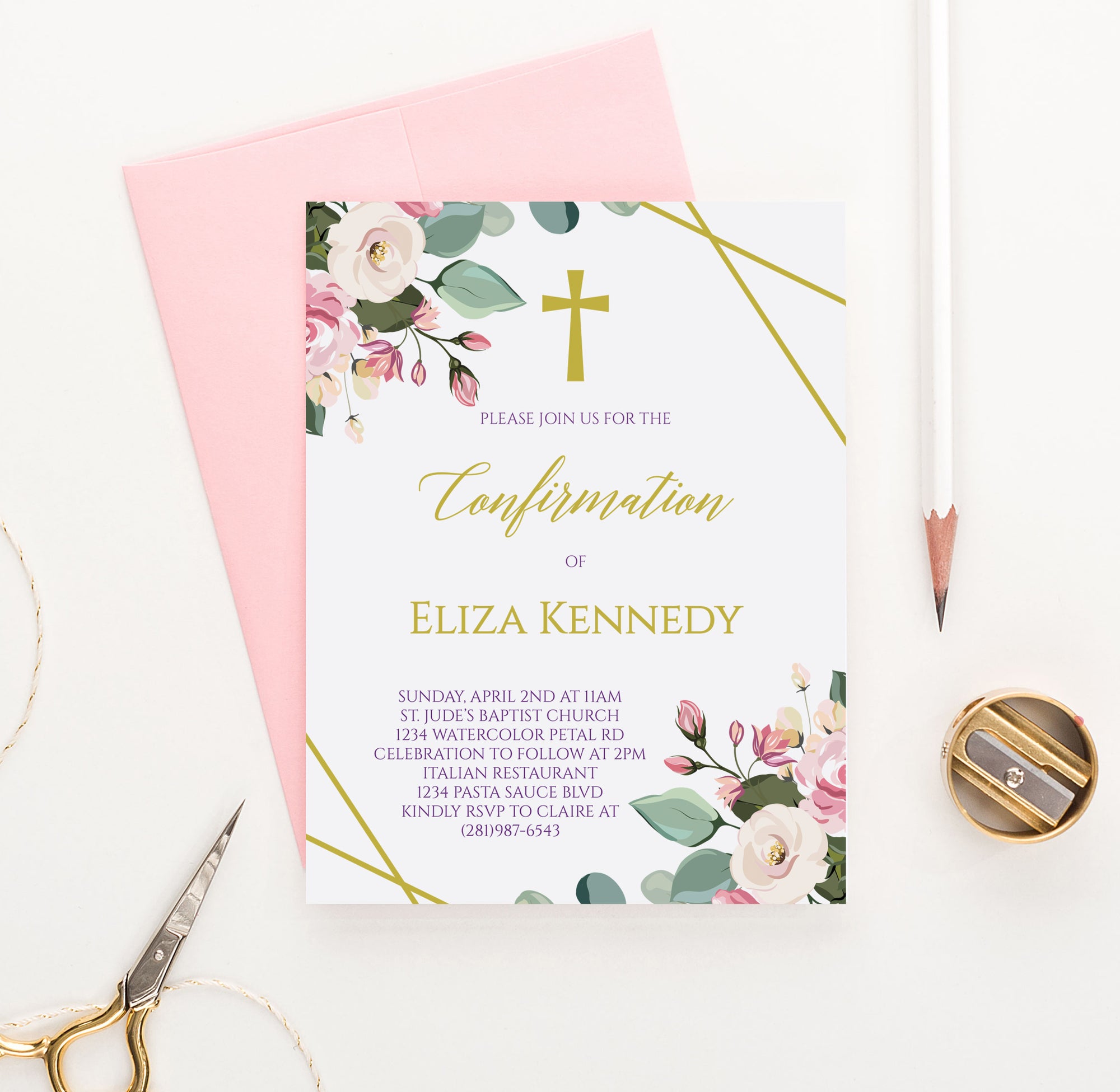 Personalized Gold Confirmation Invitation Cards With Floral Corners