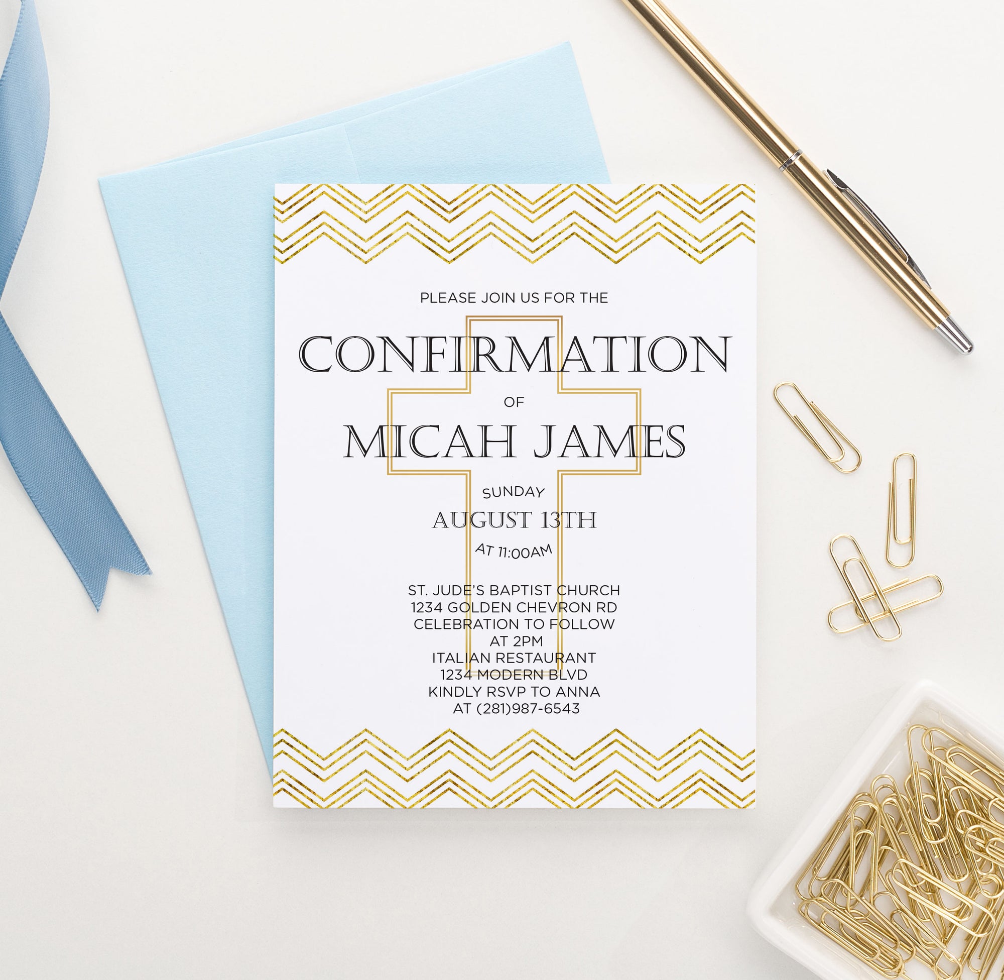 Gold Chevron Confirmation Invitation Cards With Cross Personalized 