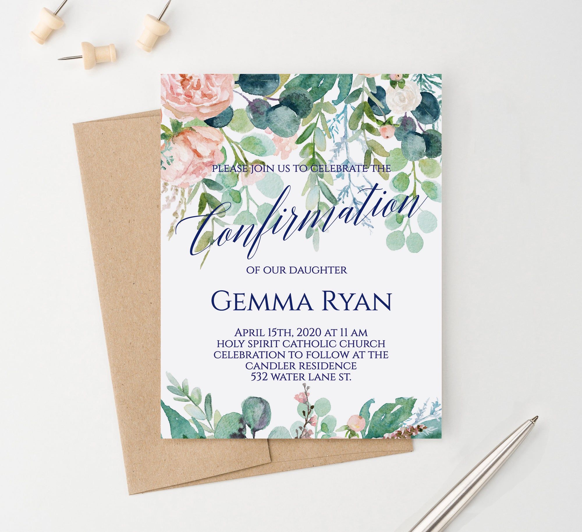 Elegant Floral Greenery Confirmation Invitation Cards Personalized