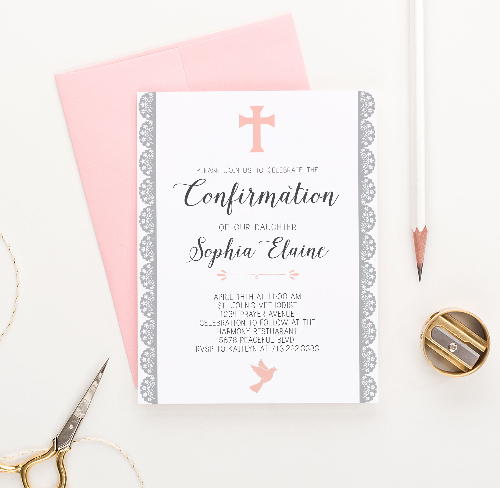 Personalized Pink Confirmation Invitation Cards With Lace