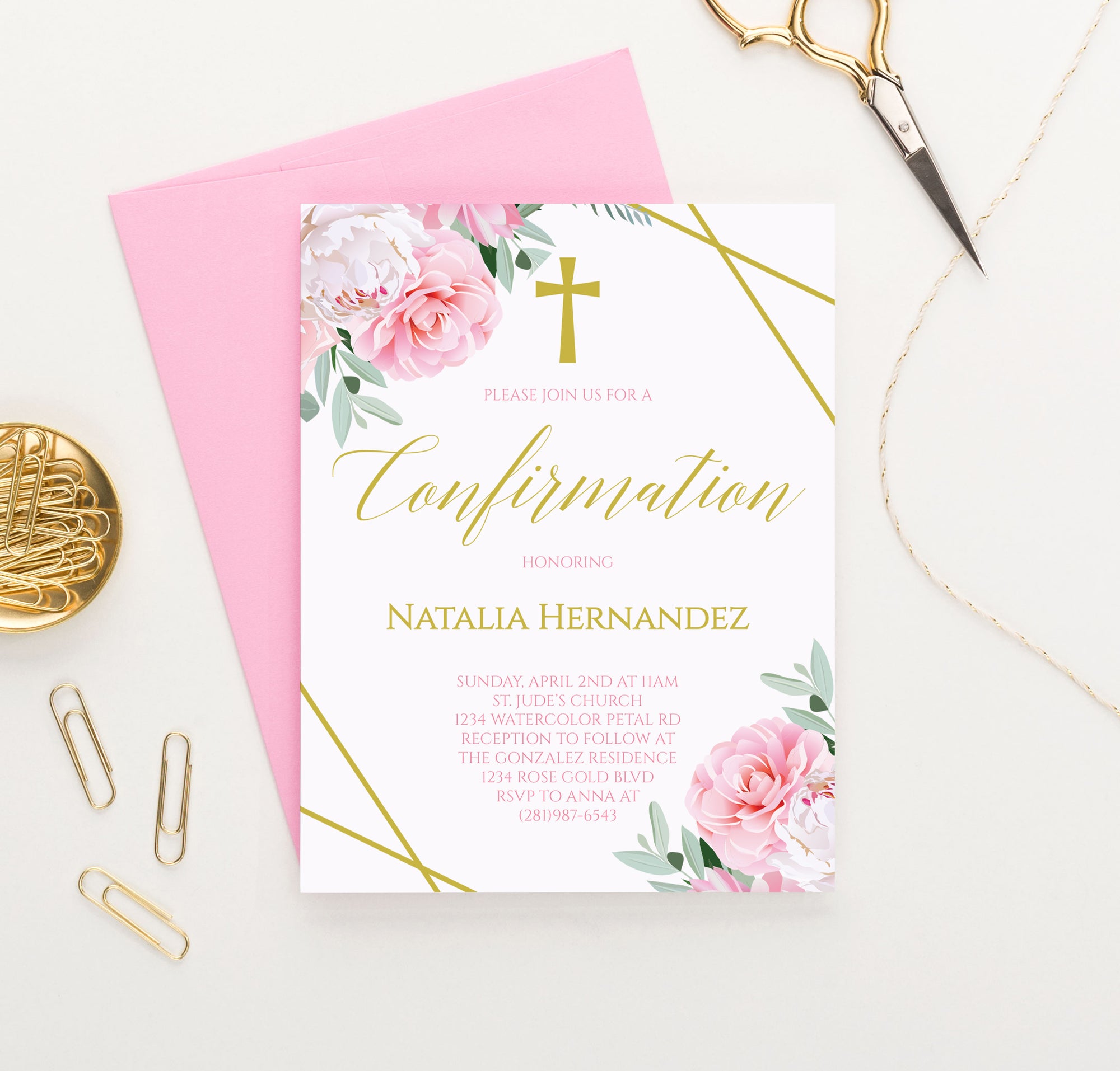 Personalized Pink And Gold Confirmation Invite Card With Floral Corners