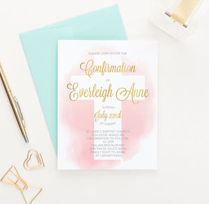 Pink Watercolor Confirmation Invite Card With White Cross Personalized