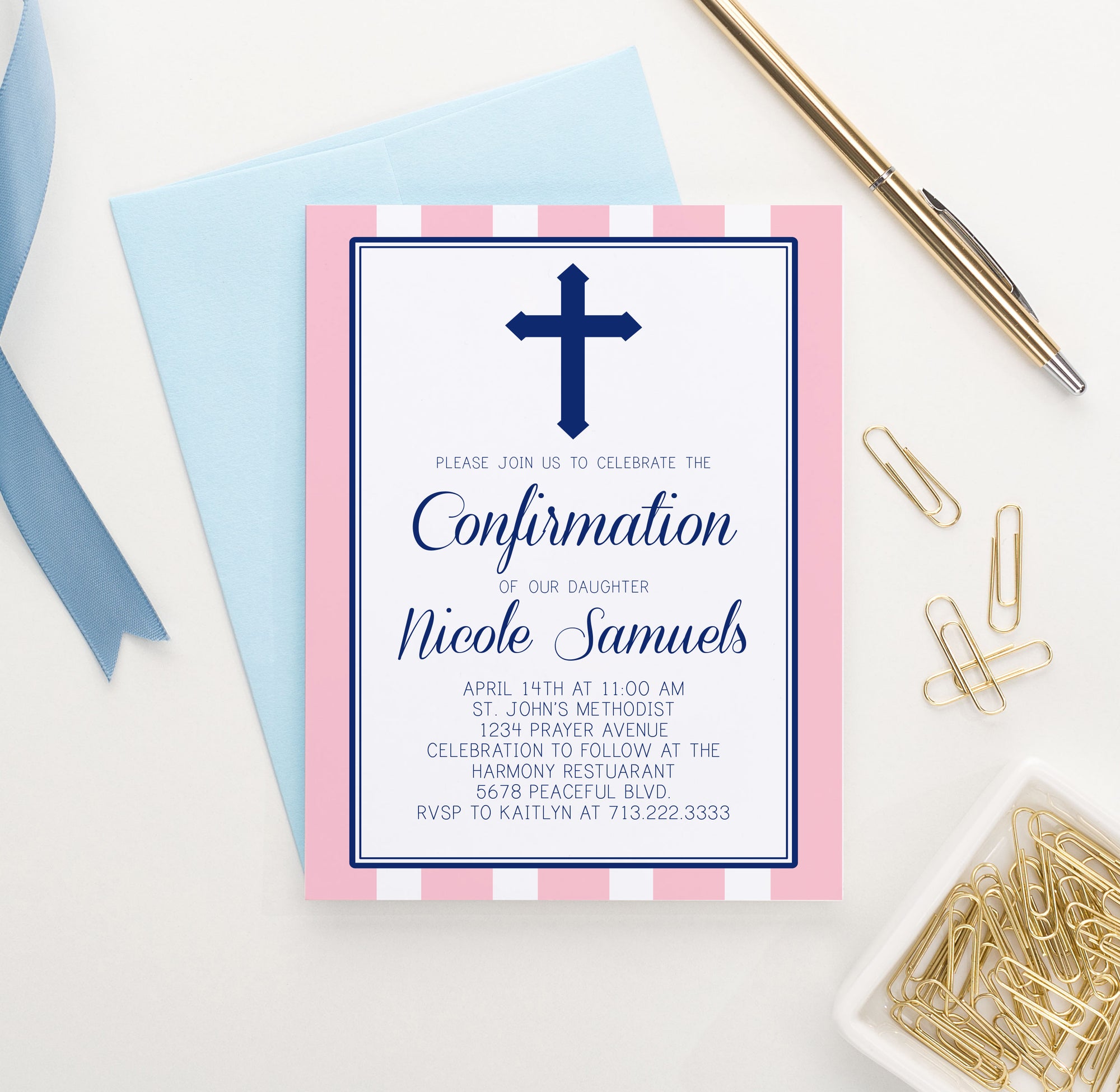 Pink Confirmation Invite Card With Vertical Stripes Personalized 