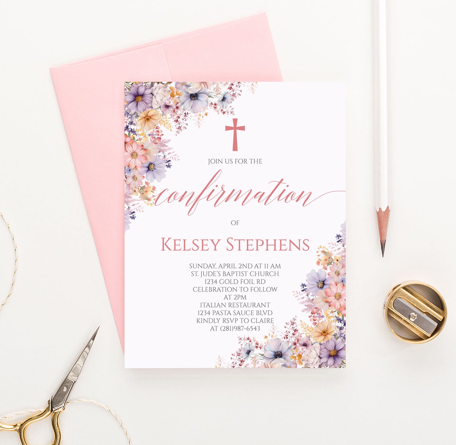 Cute Floral Confirmation Invitation Card Design