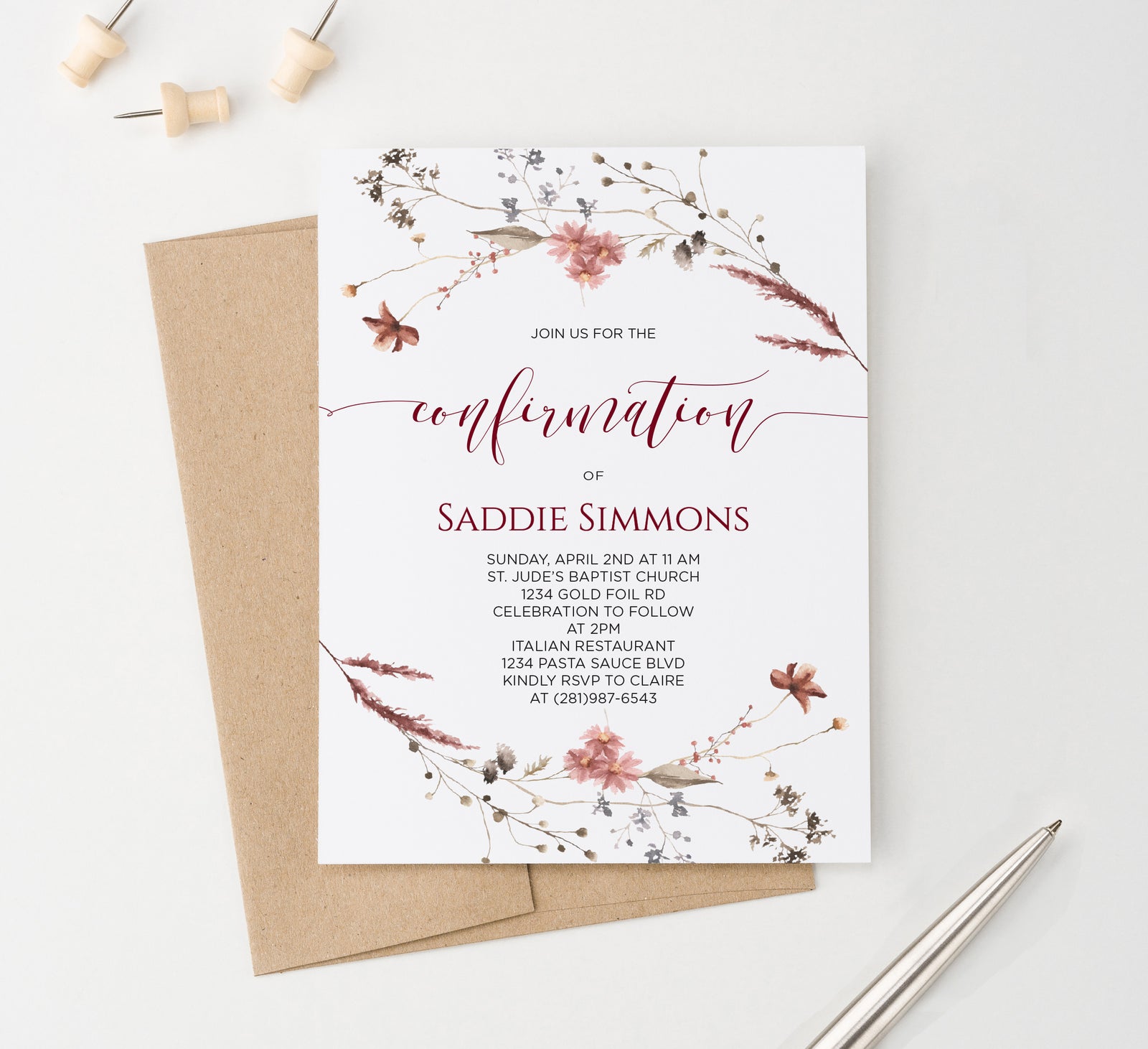 Rustic Wildflower Confirmation Invite Card