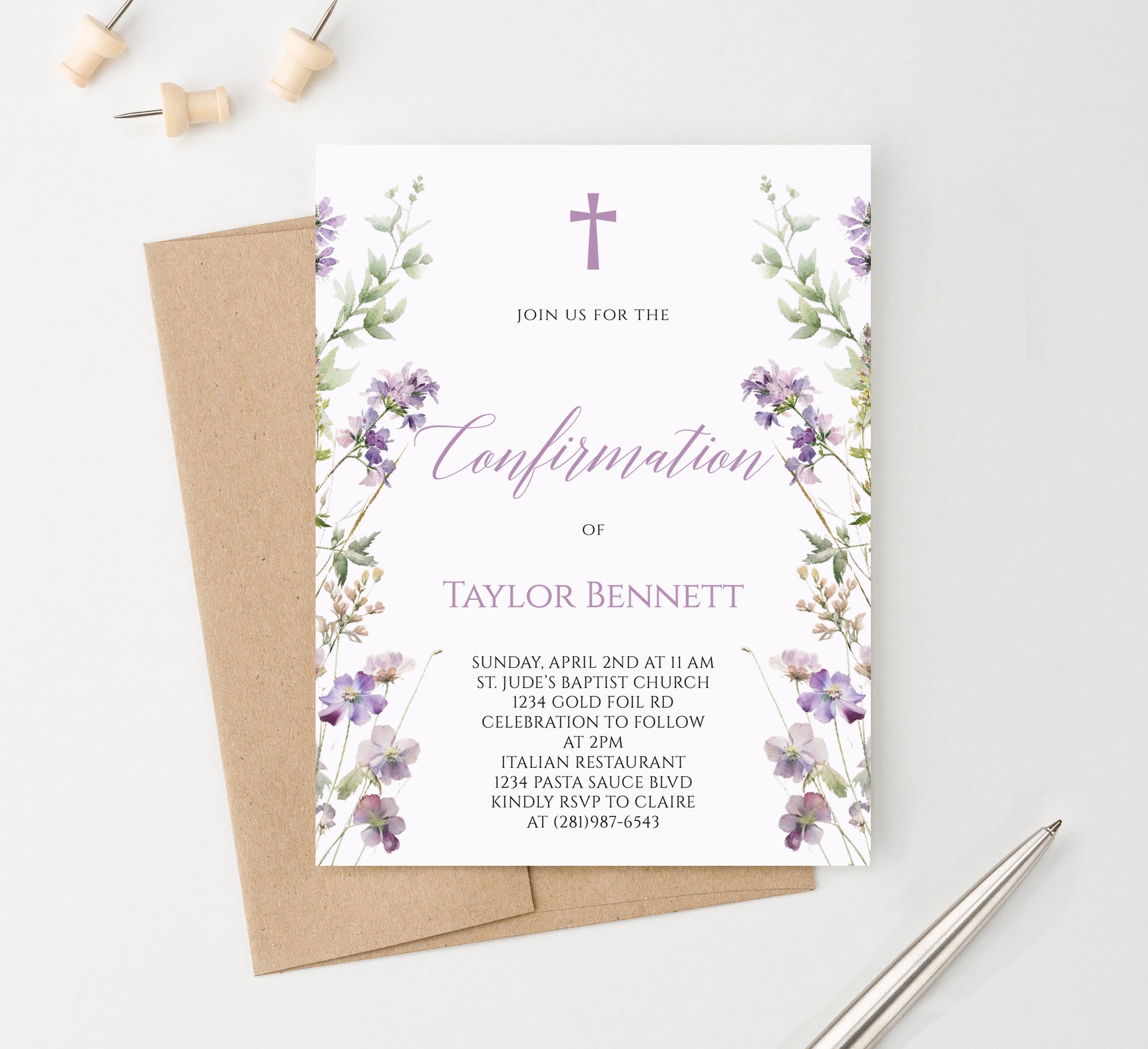 Classic Purple Floral Holy Confirmation Invitation Cards